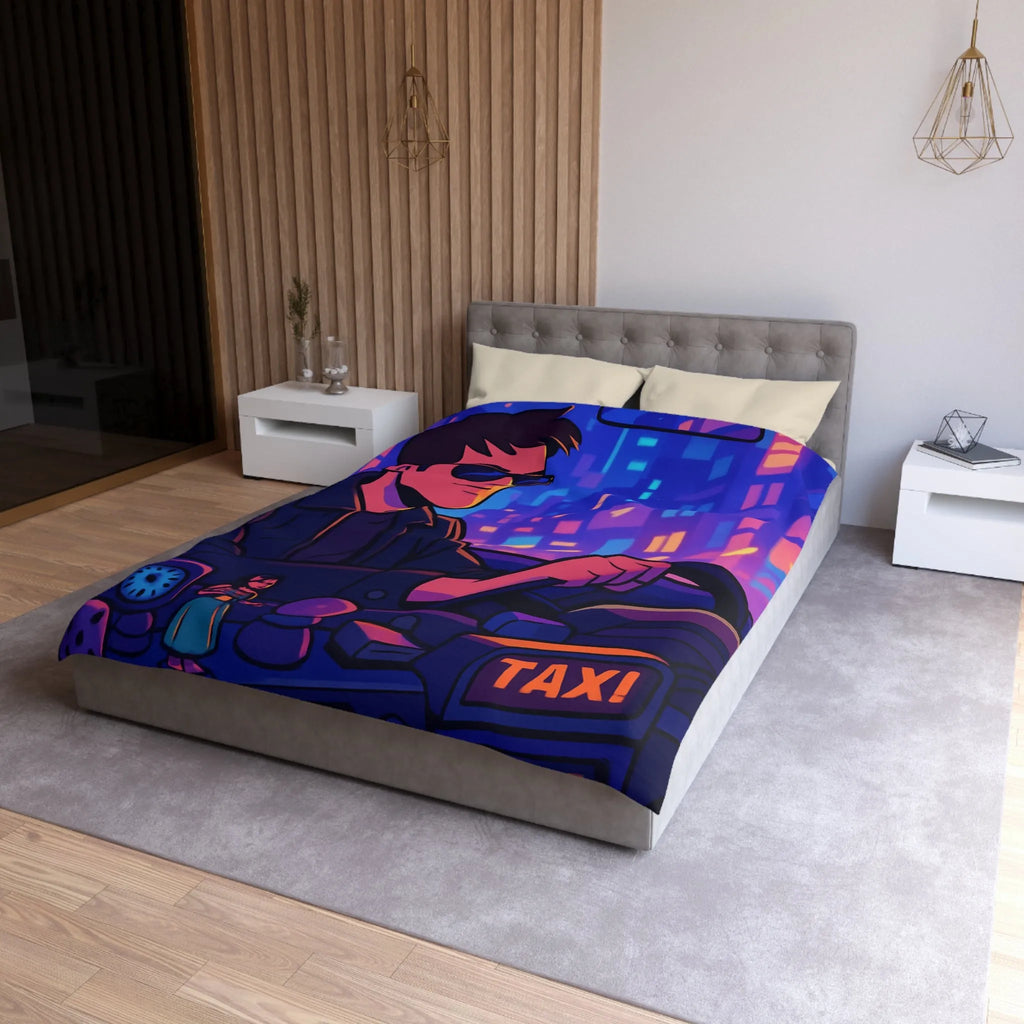Housse de couette avec illustration rétro taxi urbain style néon pour chambre moderne