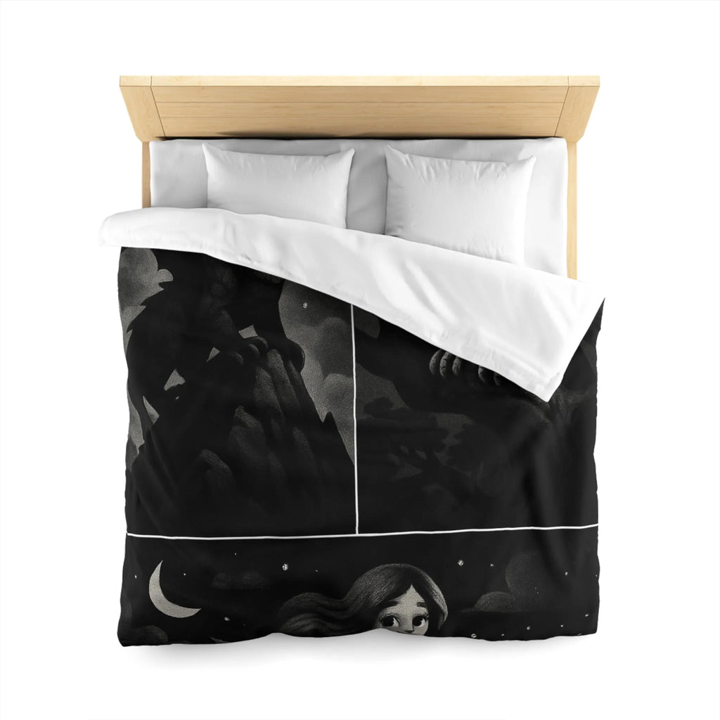 Housse de couette avec motifs de créatures fantastiques dragon, griffon et sirène en noir et gris