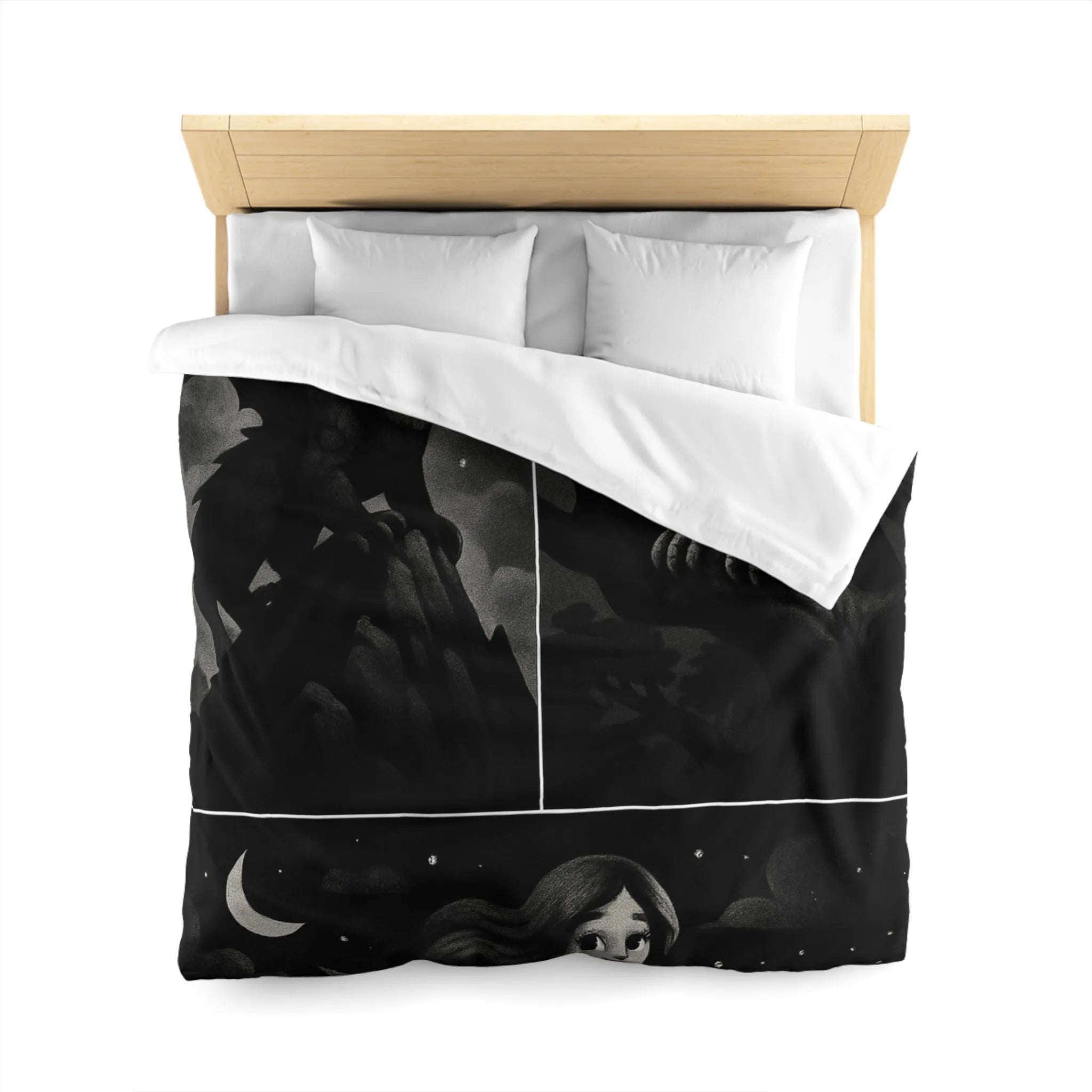 Housse de couette avec motifs de créatures fantastiques dragon, griffon et sirène en noir et gris