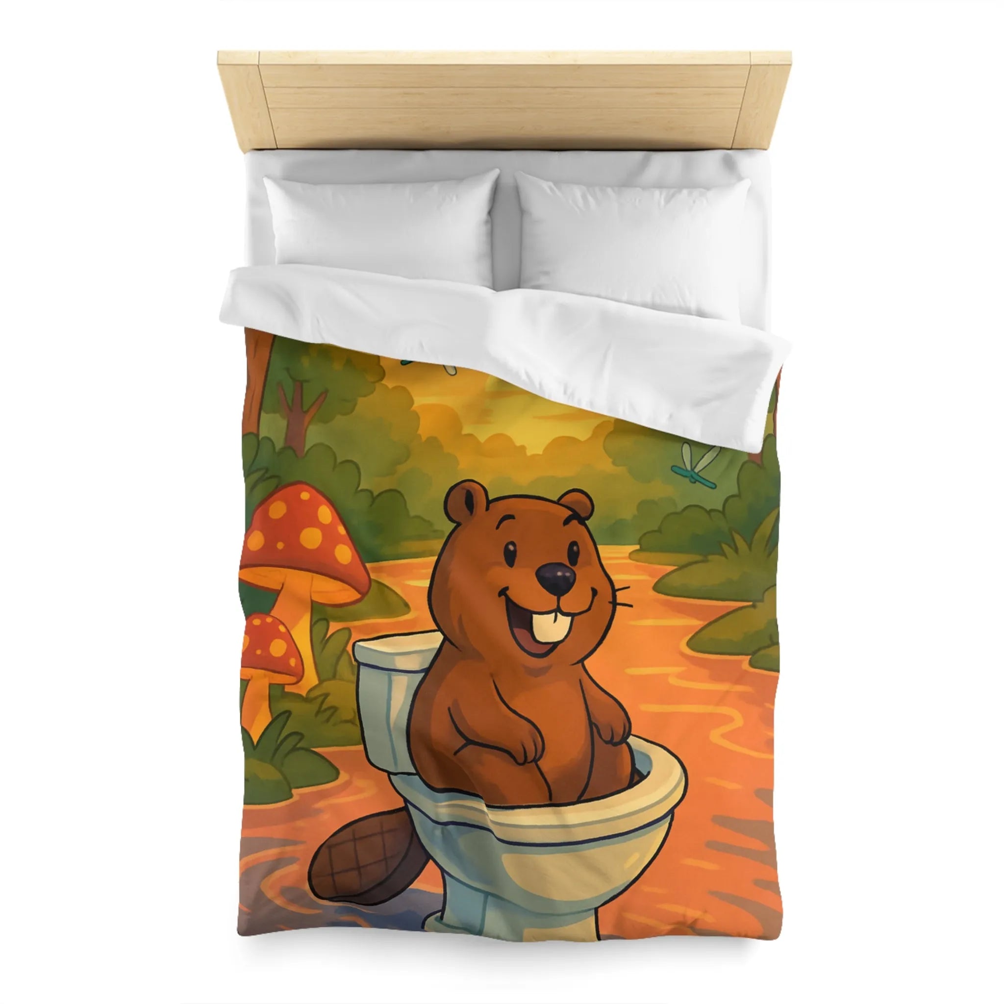 Housse de Couette Enfant Animée avec Castor Amusant et Paysage de Forêt Enchantée