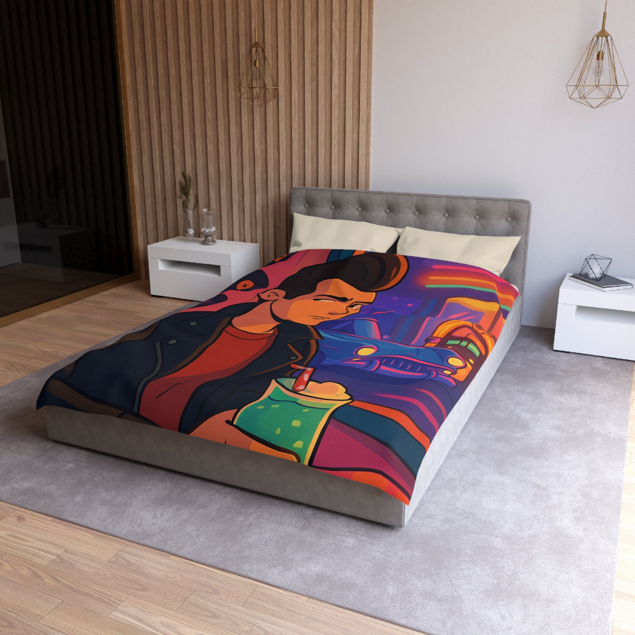 Housse de couette rétro avec voiture vintage et ambiance néon au style coloré