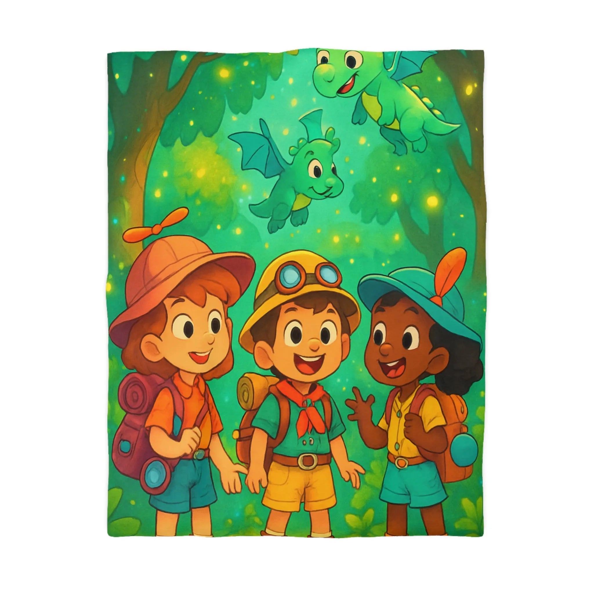 Housse de couette enfants aventure forêt avec dragons et jeunes explorateurs joyeux