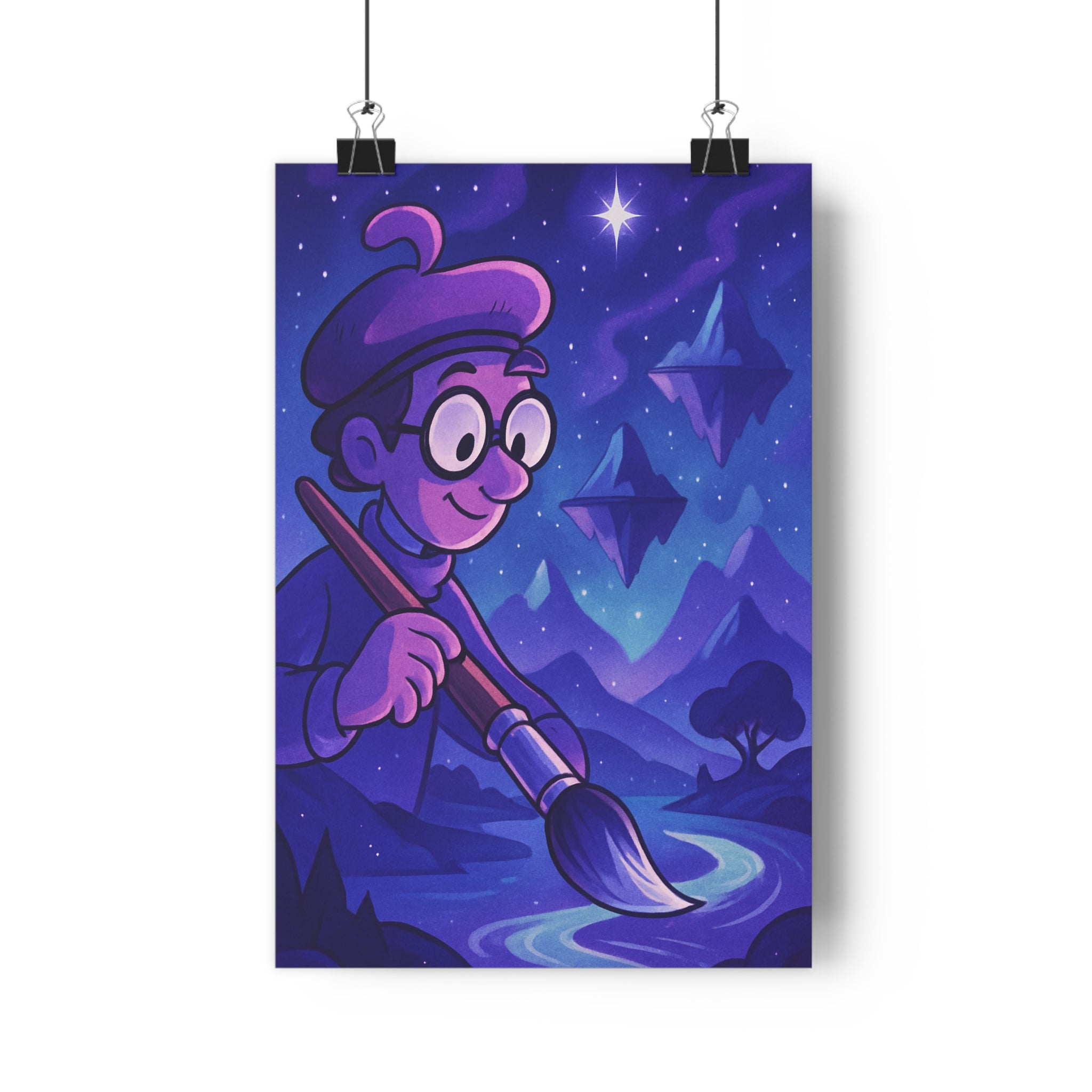 Poster décoratif artistique mystique bleu violet dessin animé surréaliste bureau créatif paysage flottant étoilé