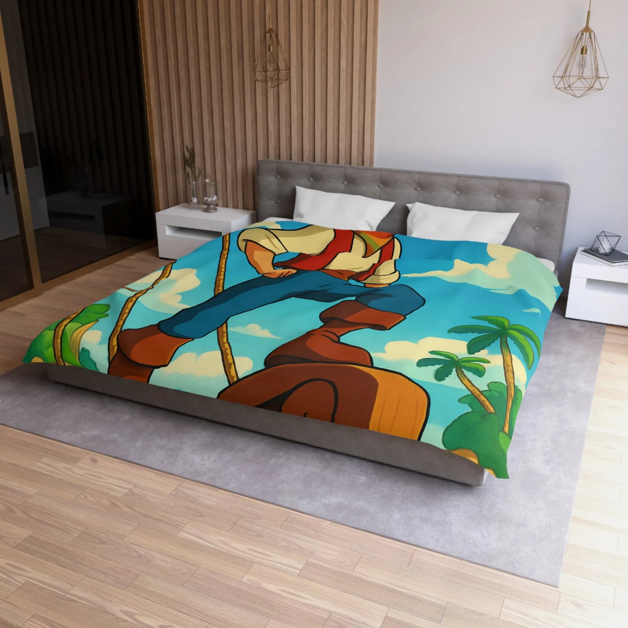 Housse de couette avec illustration de marin aventurier naviguant parmi palmiers et mer azur