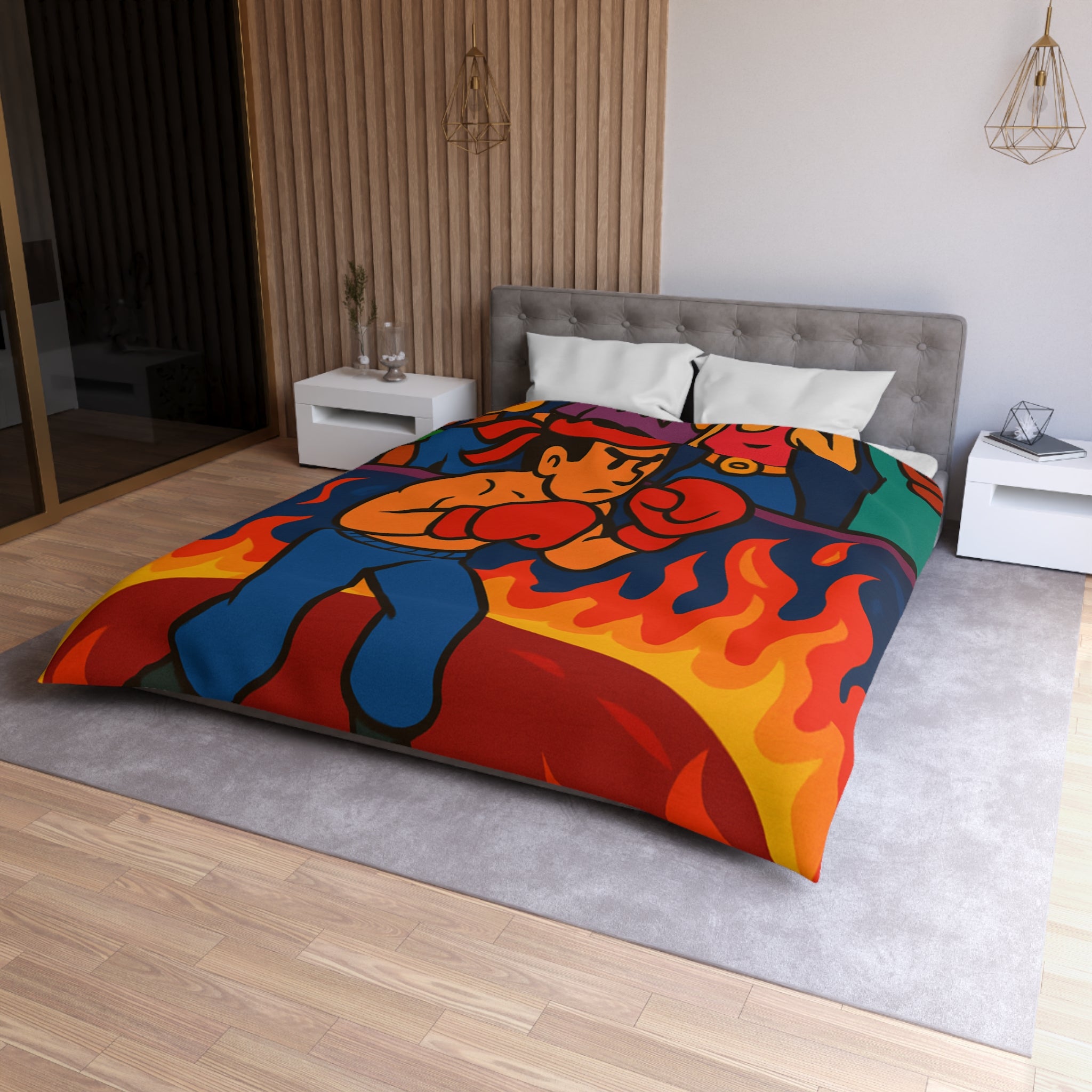 Housse de couette originale avec boxeur entouré de flammes et foule colorée