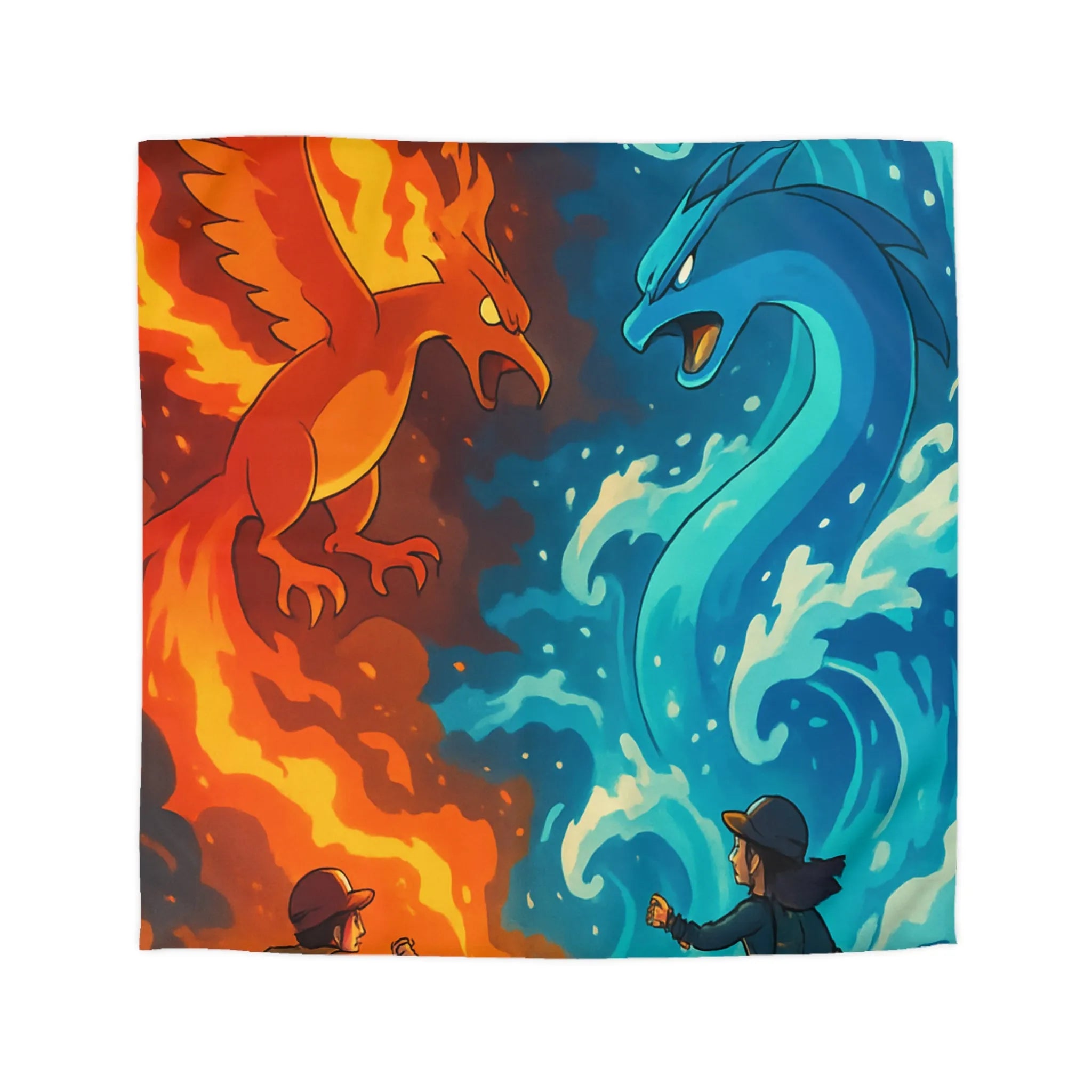 Housse de couette aventure épique avec créatures de feu et glace légendaires en duel