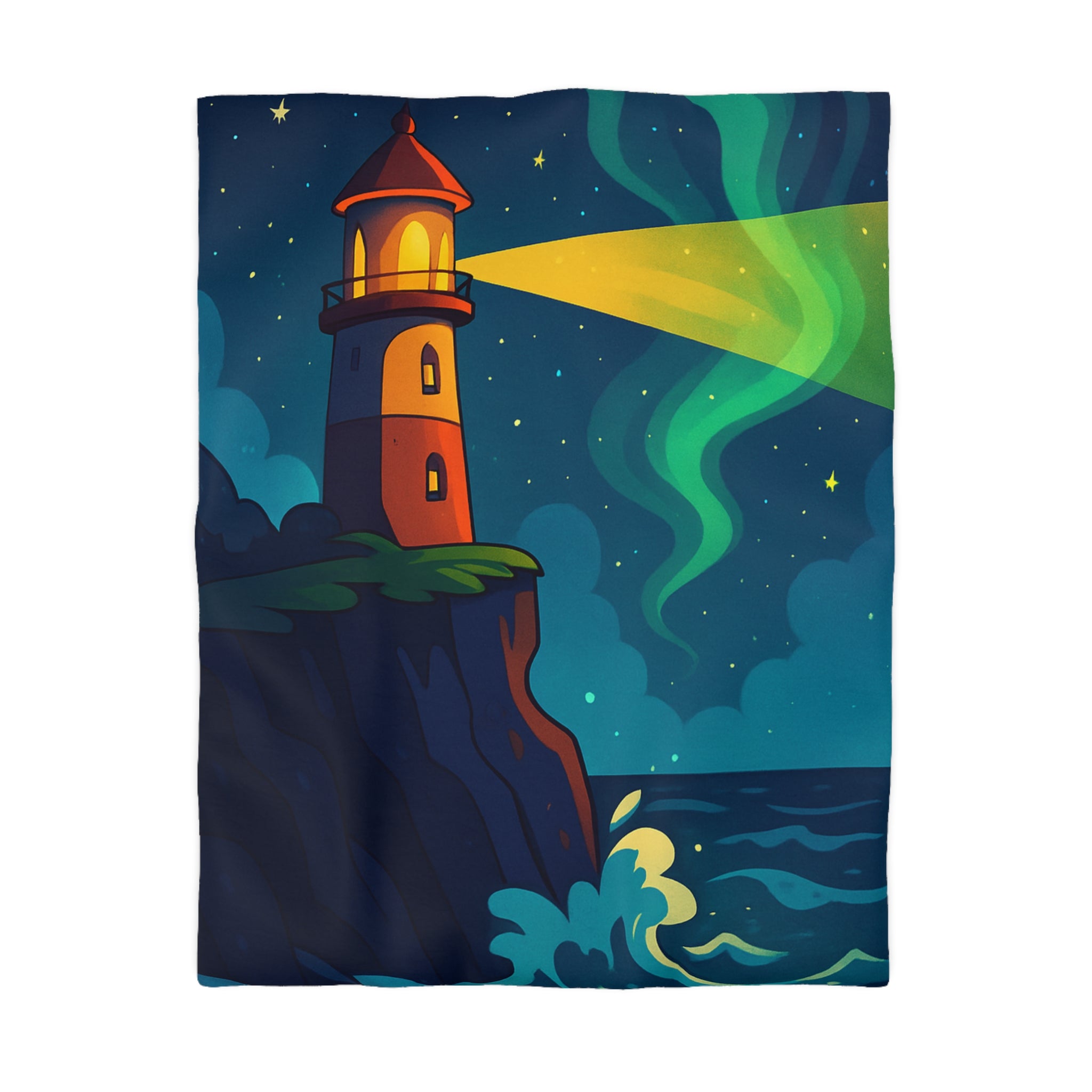 Housse de couette phare rouge illuminant océan étoilé, paysage nocturne inspirant rêve.