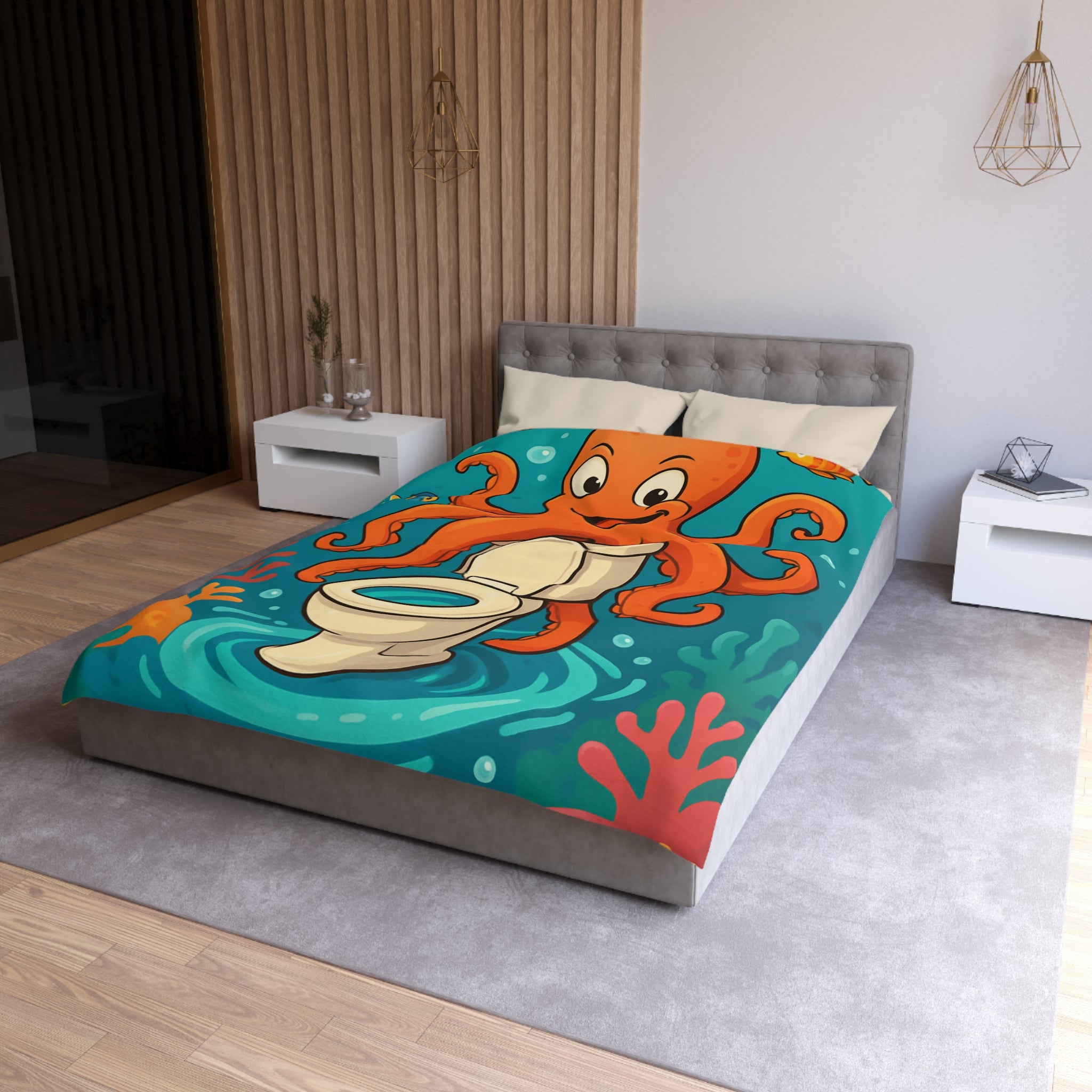 Housse de Couette Thème Marin avec Poulpe Joyeux et WC Tourbillonnant