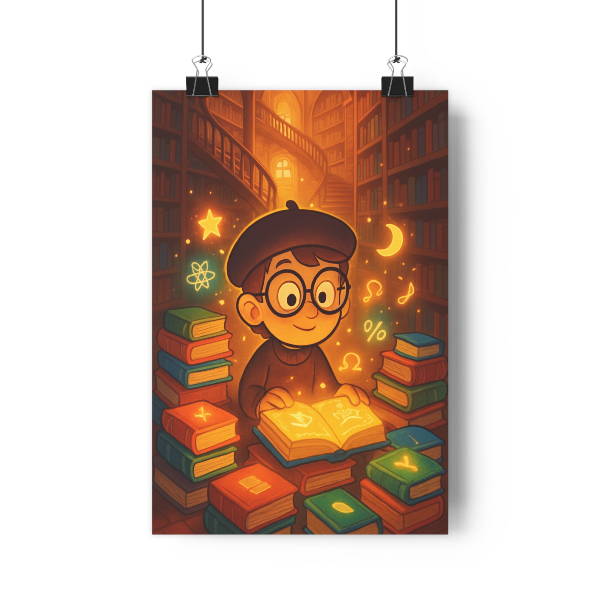 Poster décoratif cartoon enfant joyeux bibliothèque lumineux jaune orange lecture magique vibrant chambre qualité
