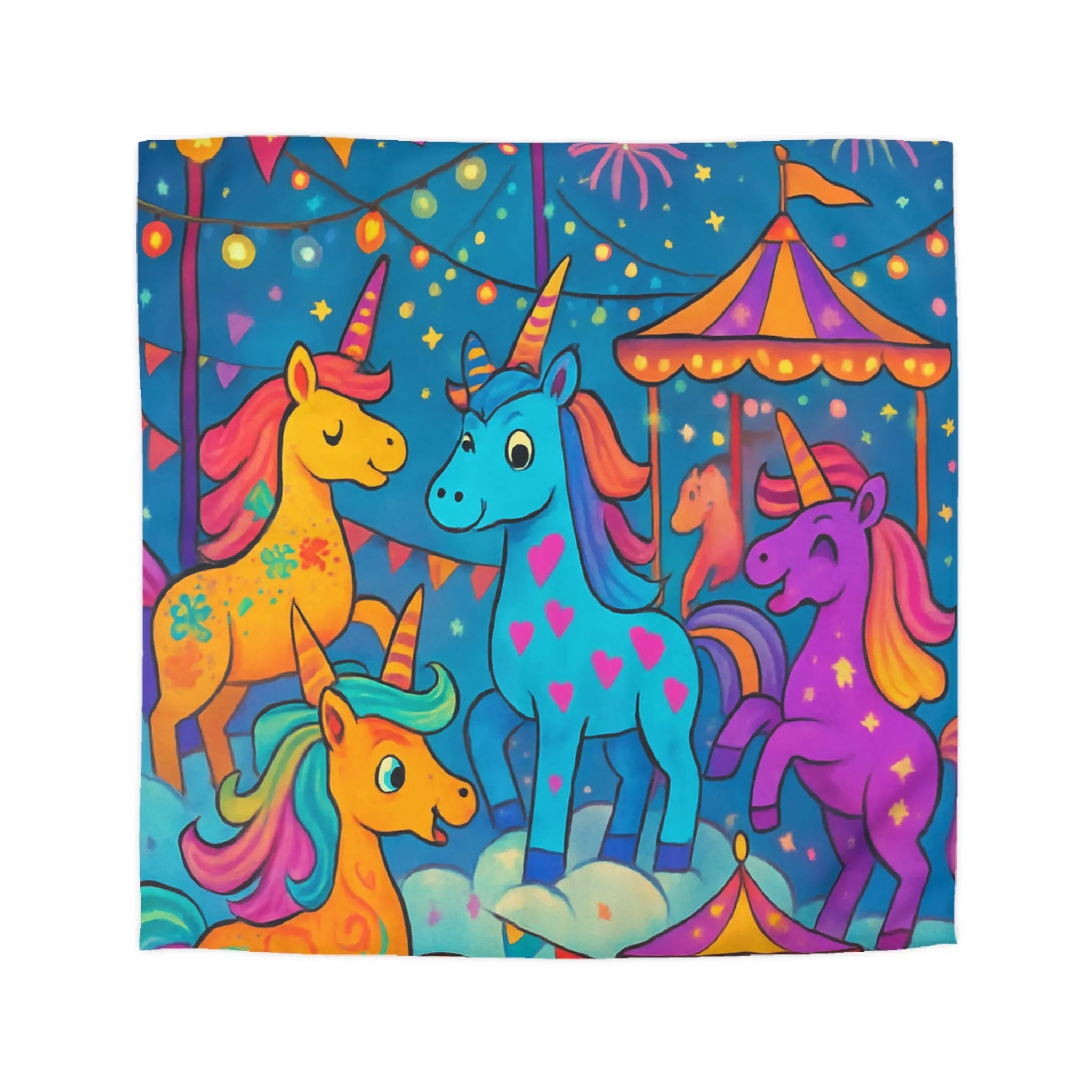 Housse de couette magique avec licornes colorées, carrousel festif, et feux d'artifice