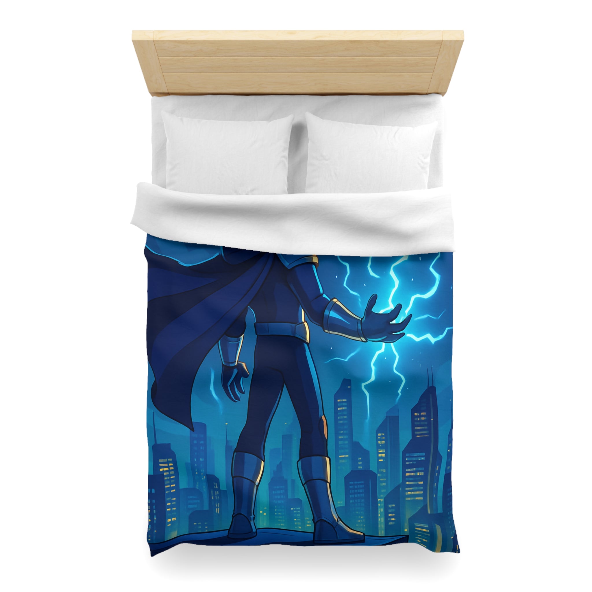 Housse de couette super-héros nocturne avec pouvoirs électriques et drones futuristes urbains