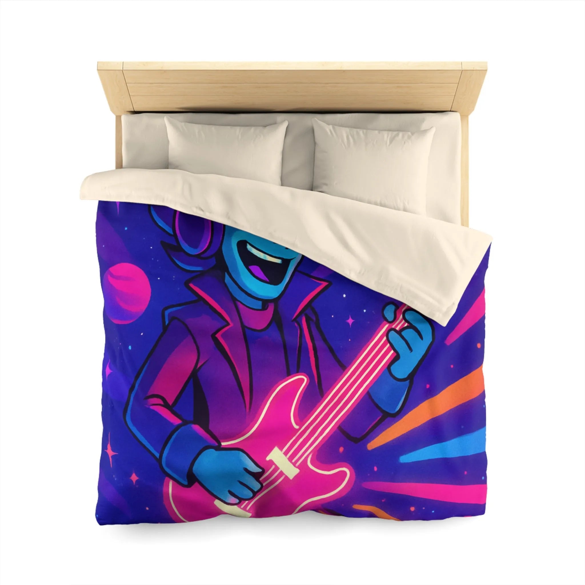 Housse de Couette Galactique avec Musicien Alien et Planètes Multicolores en Néon Vibrant