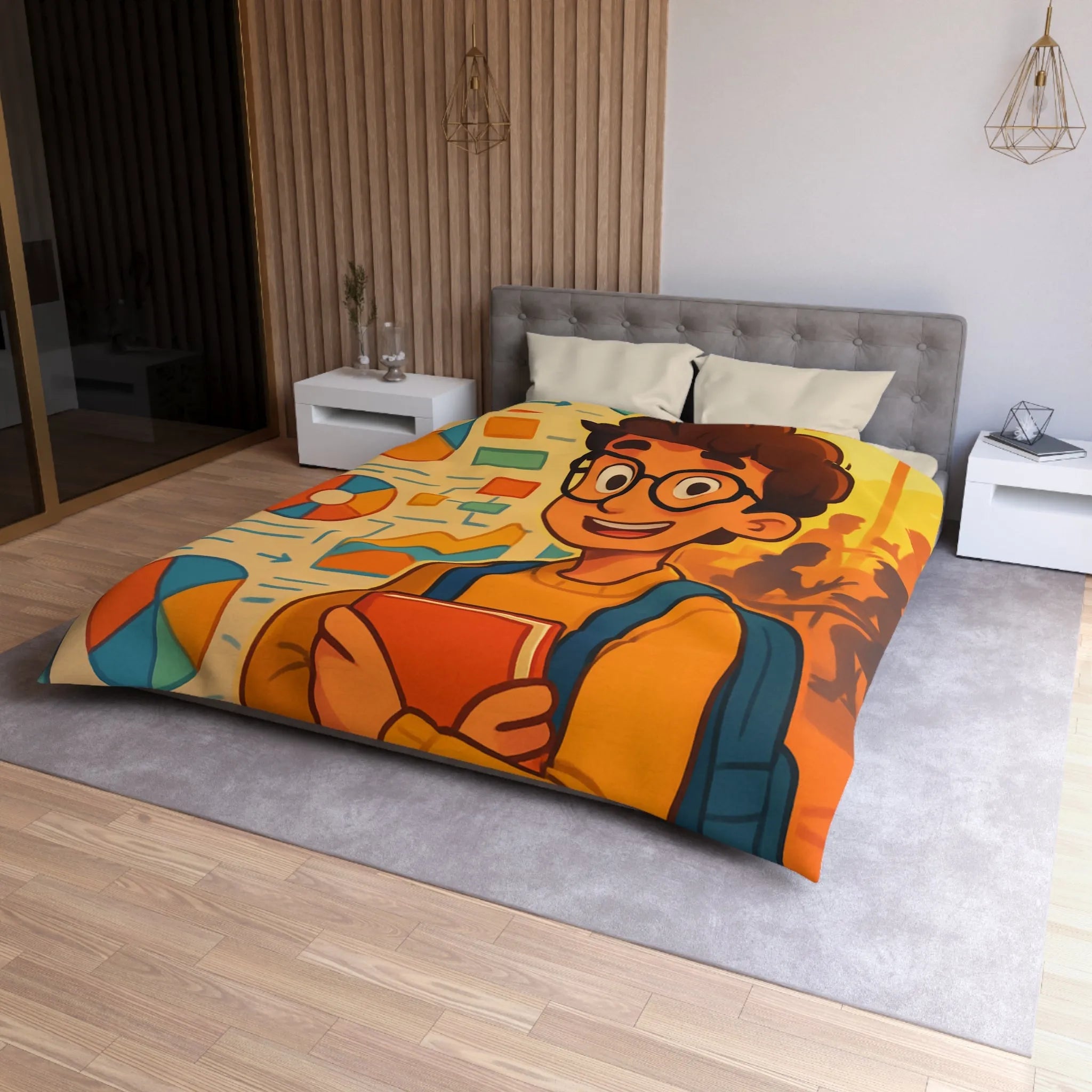 Housse de couette avec motif graphique coloré et personnage étudiant portant lunettes