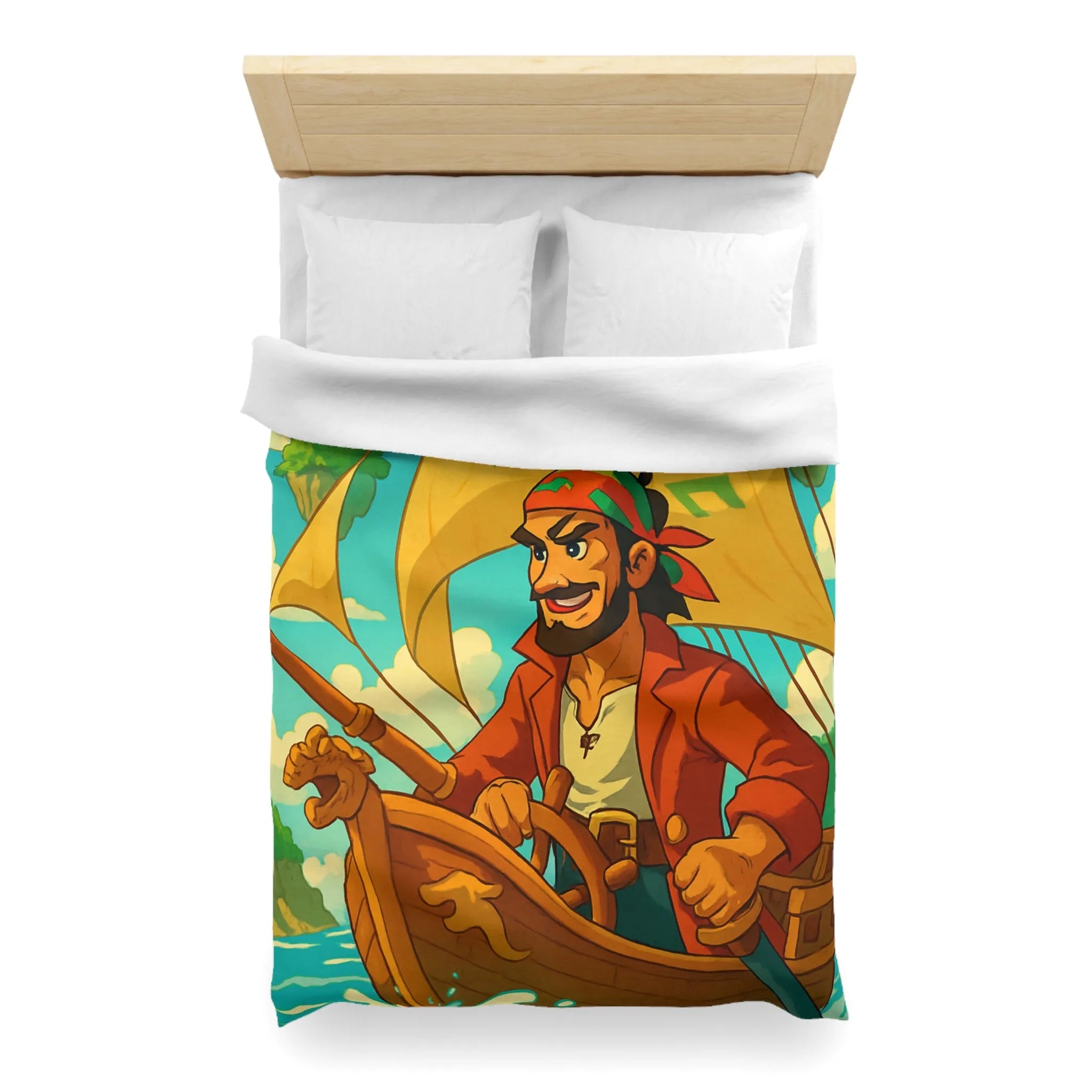 Housse de couette colorée avec pirate en bateau sur mer et îles flottantes