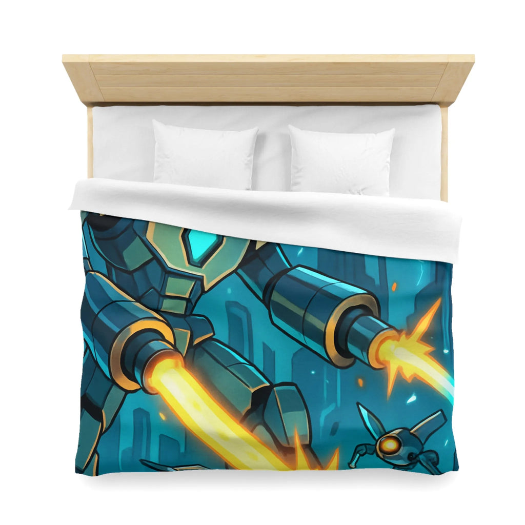 Housse de couette illustrant un robot tirant des lasers dans une ville futuriste la nuit