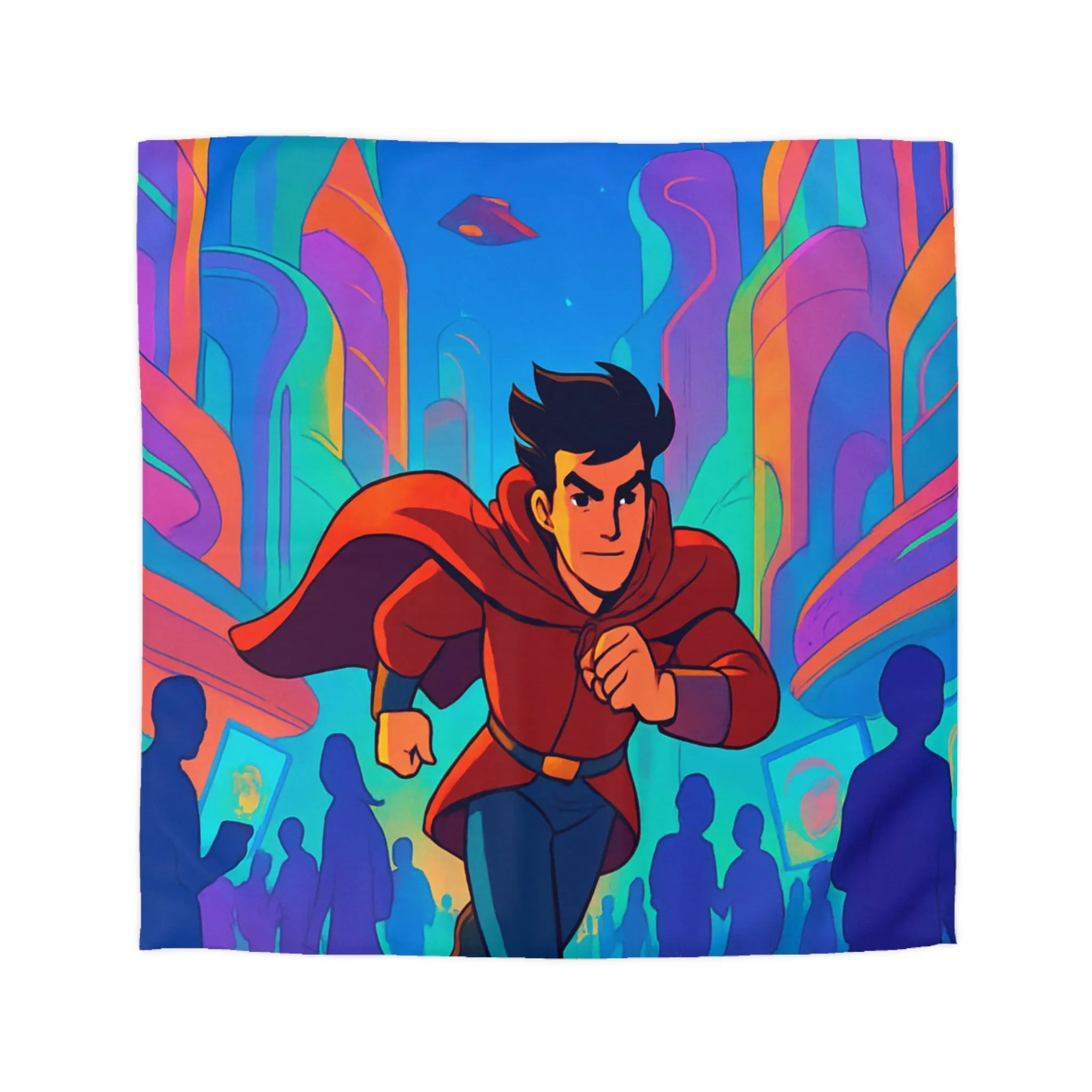 Housse de Couette avec Héros Futuriste Rouge Courant dans Ville Colorée et Dynamique