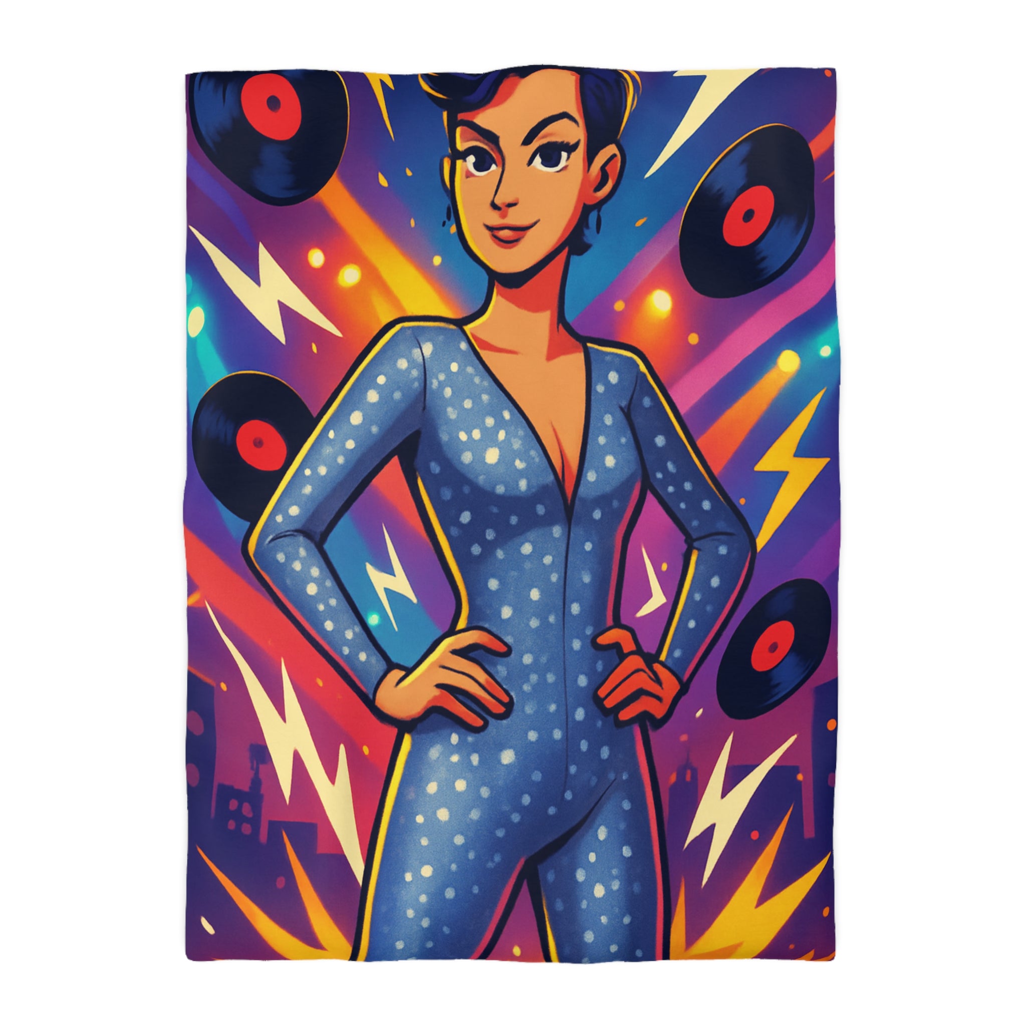 Housse de Couette Thématique Musique Vintage avec Femme dans Combinaison Étoilée Scintillante