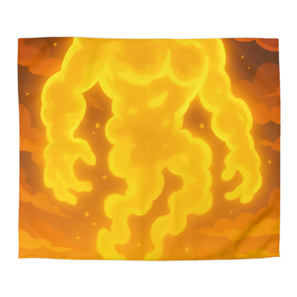 Vision onirique d'un géant flamboyant illuminant un paysage crépusculaire surréaliste en jaune