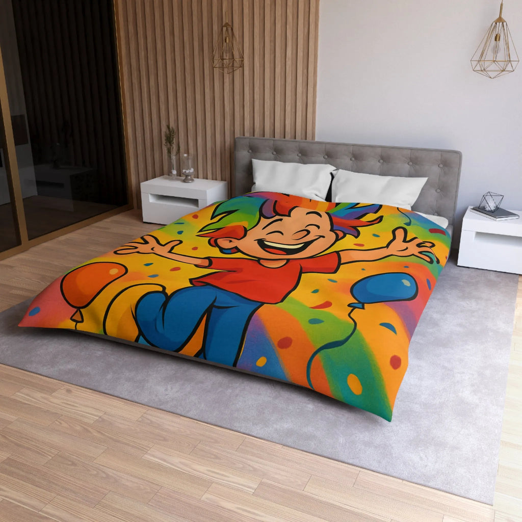 Housse de couette colorée avec enfant joyeux et ballons arc-en-ciel, ambiance festive