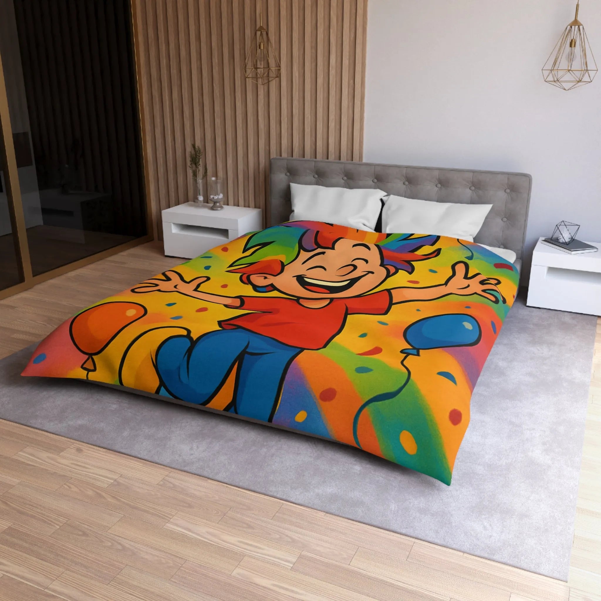 Housse de couette colorée avec enfant joyeux et ballons arc-en-ciel, ambiance festive