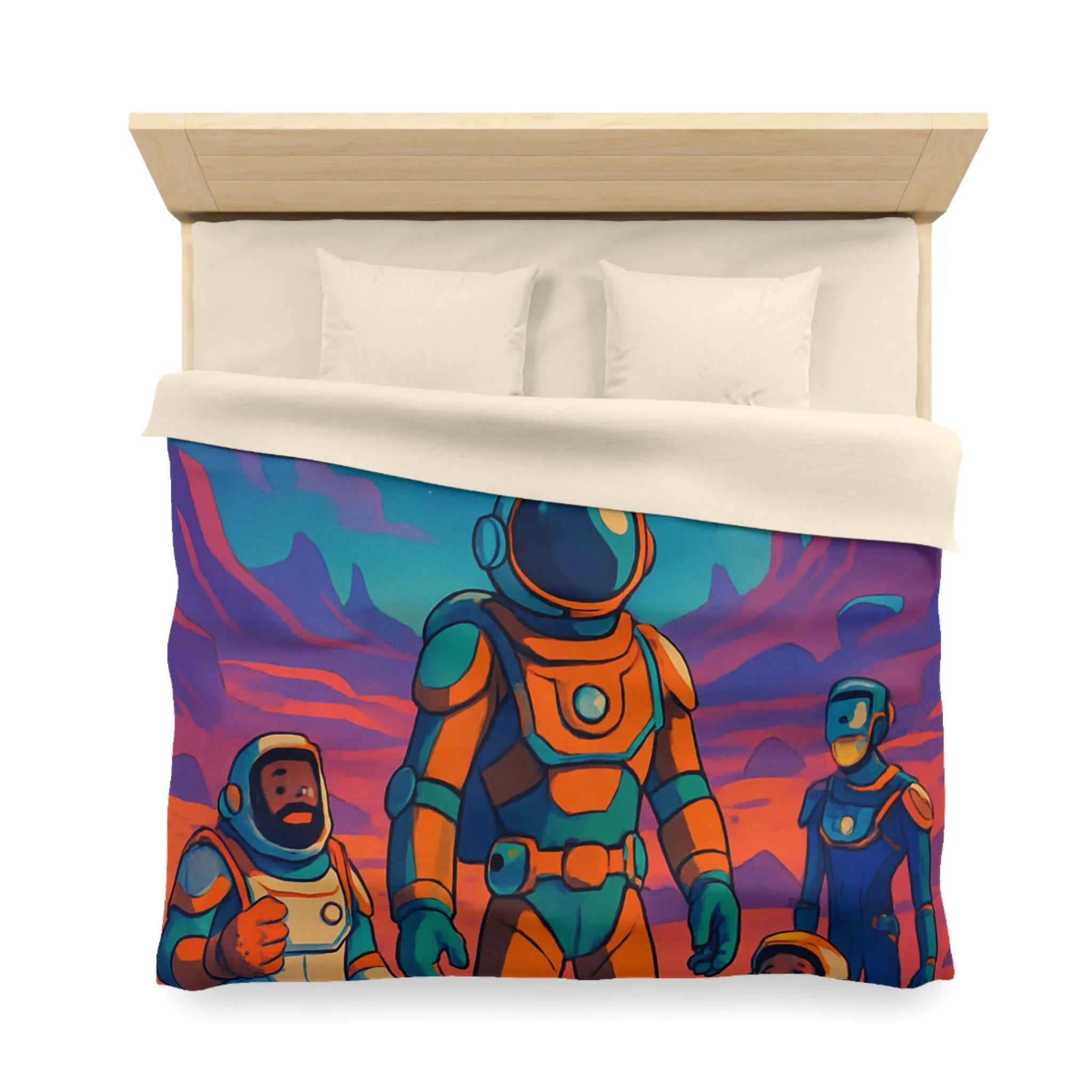 Housse de couette avec des astronautes et formes géométriques sous ciel étoilé coloré