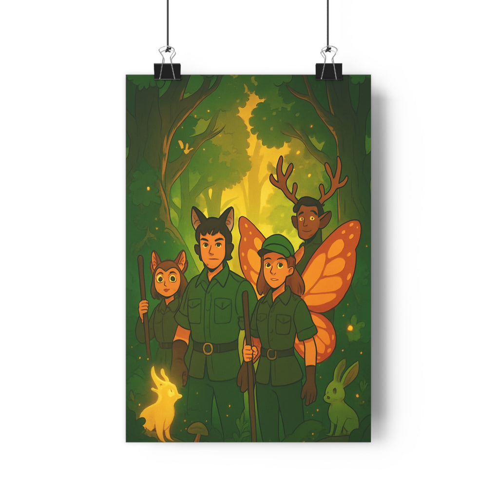 Poster décoratif enchanté vert doré mystique forêt chambre enfant fantaisie féerique animaux personnages charmant