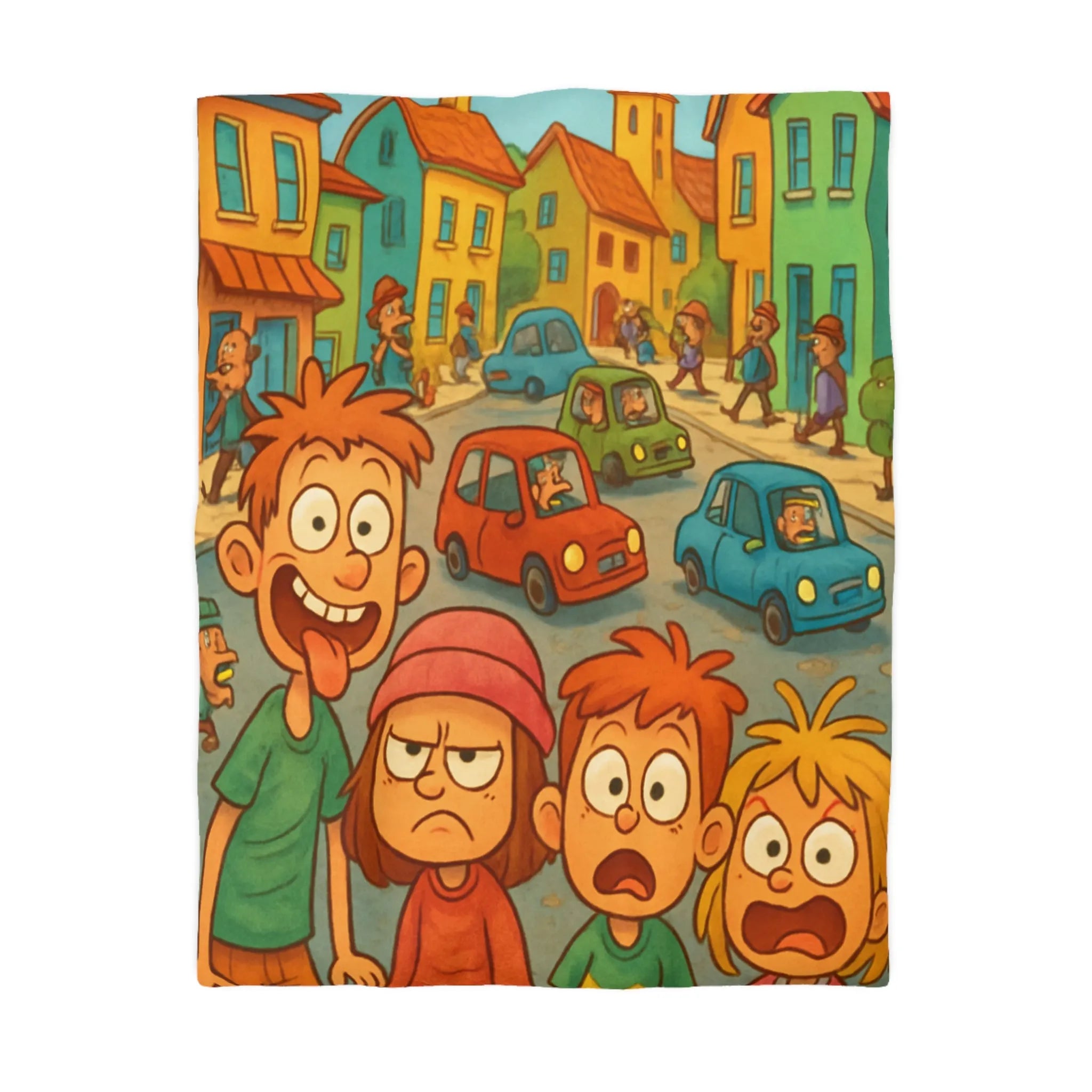 Housse de couette enfants joyeuse ville animée avec personnages colorés et expressions vives