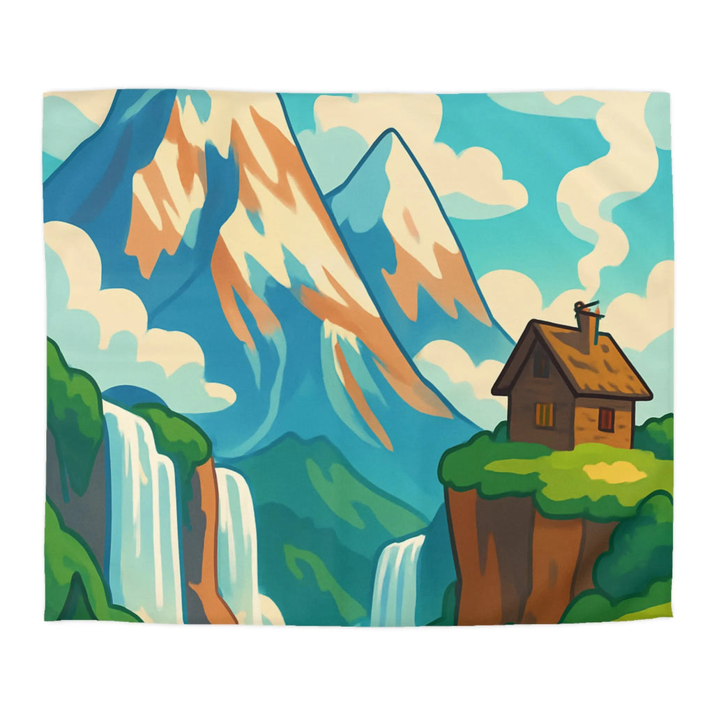 Housse de couette illustrée montagne, aigle majestueux et cascades dans la nature