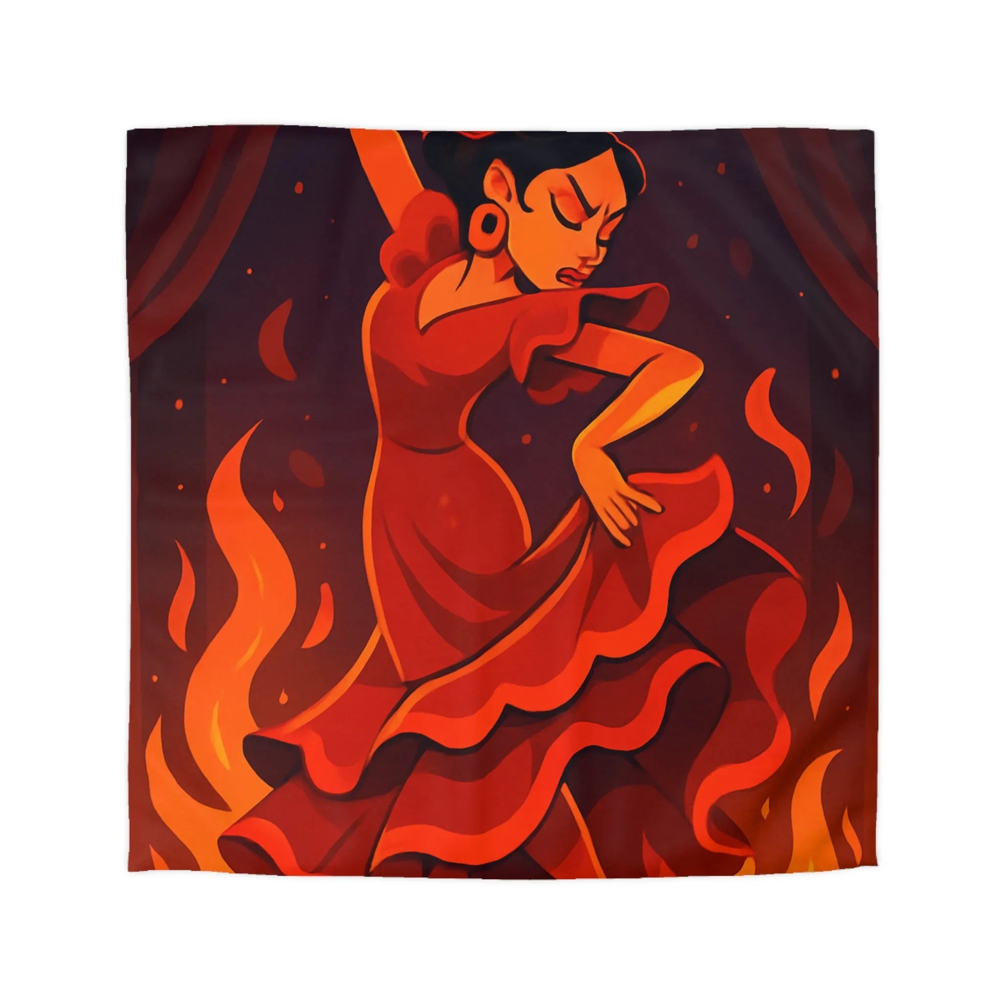 Envoûtante danseuse flamenco rouge intense, ambiance chaleureuse, lanternes et pétales dispersés.