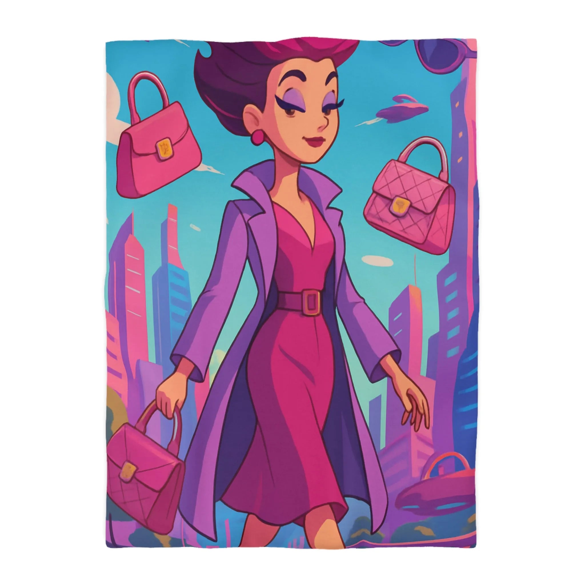 Élégante illustration urbaine rétro-futuriste avec personnage glamour et accessoires stylés en rose