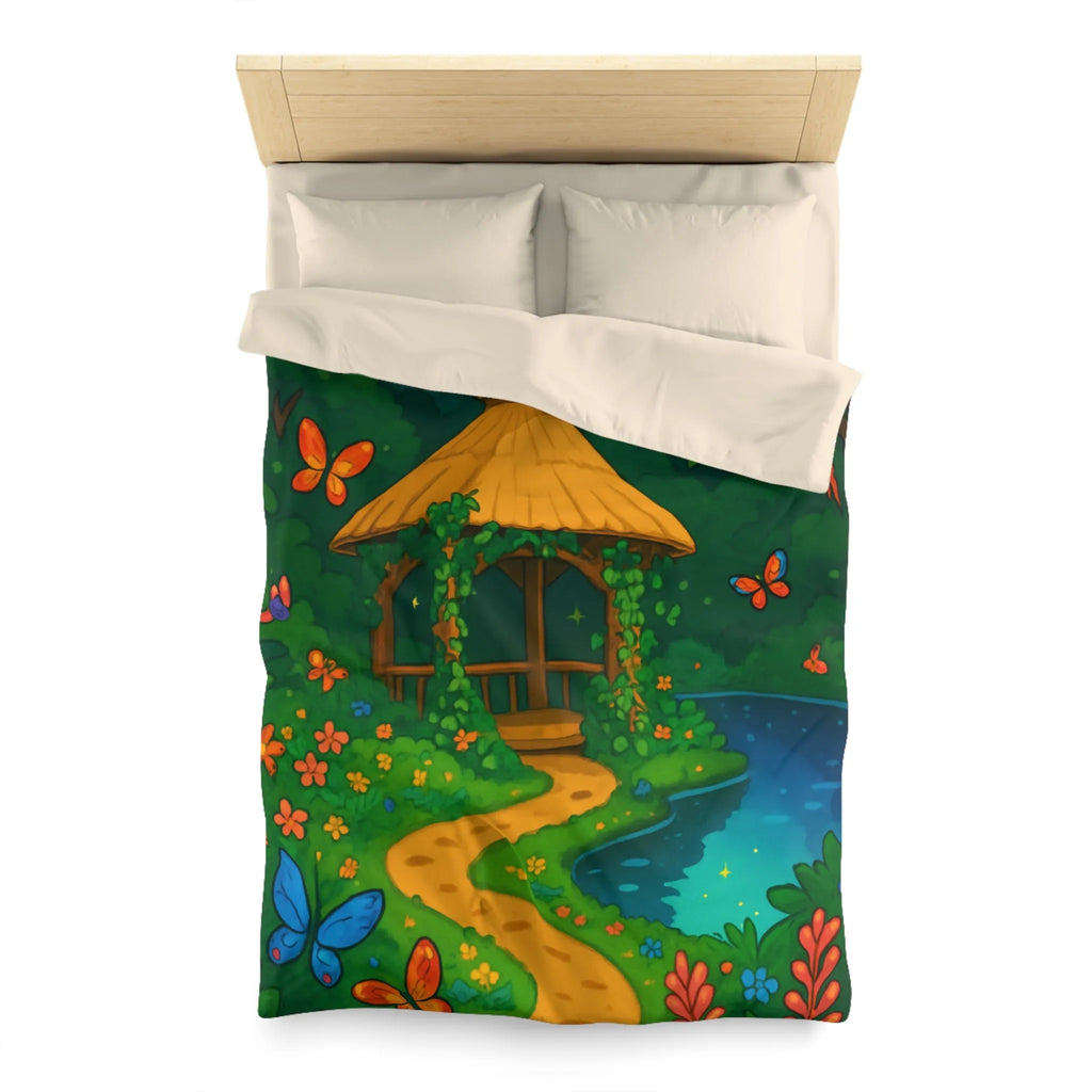 Housse de Couette Illustrée, Forêt Tropicale Nocturne avec Oiseaux et Papillons Colorés