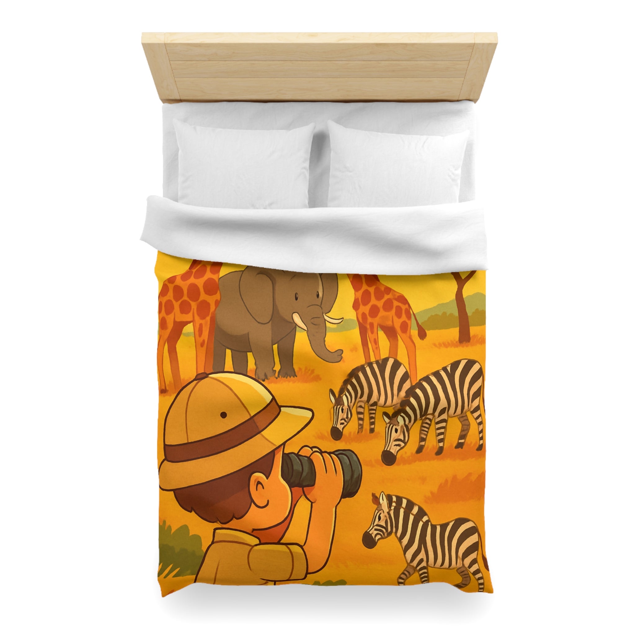 Housse de couette safari enfant avec éléphant, girafes et zèbres dans savane ensoleillée