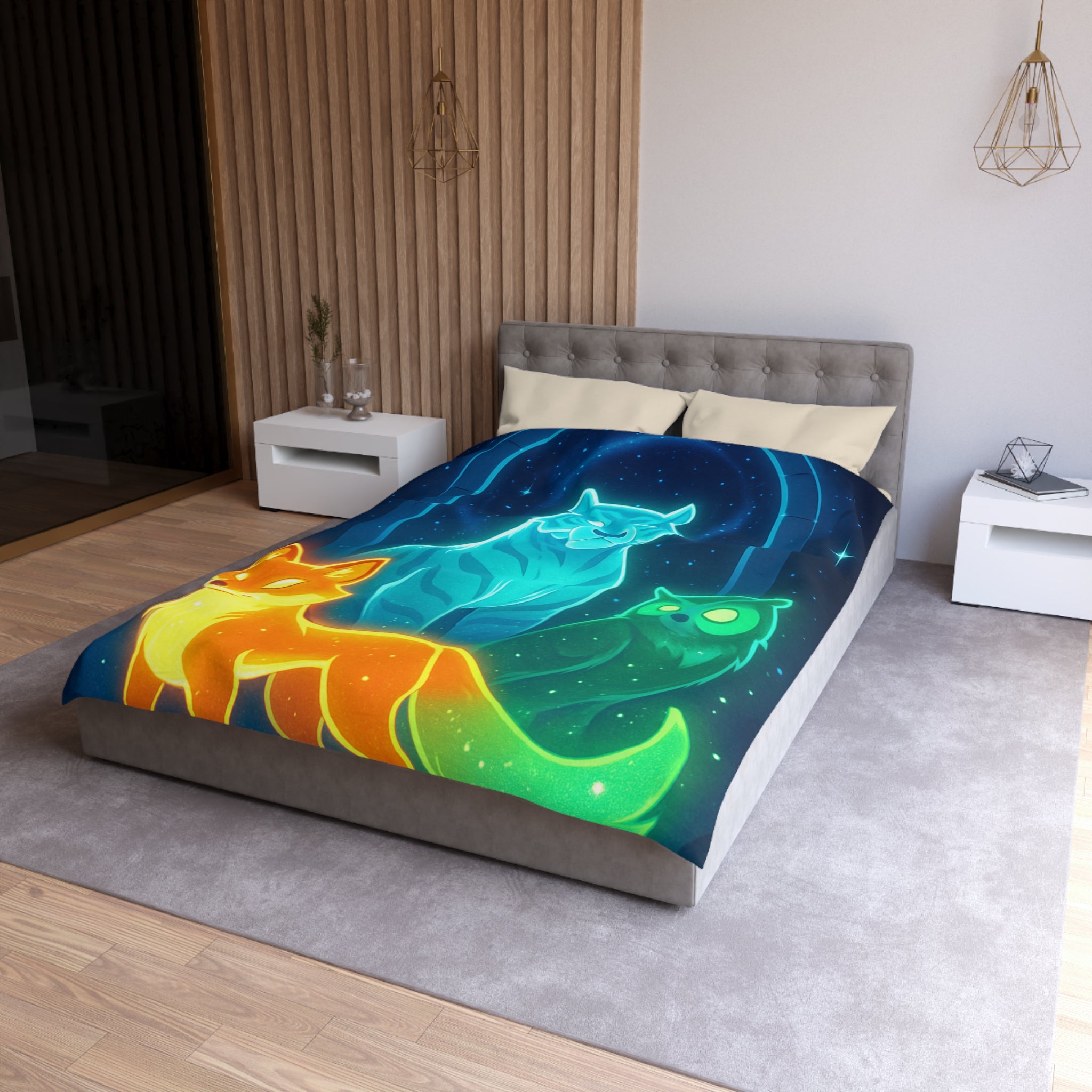 Mystérieuse housse de couette avec renard orange, tigre bleu, et hibou lumineux
