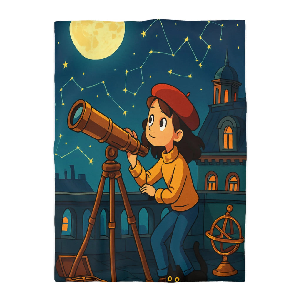 Housse de Couette Enfant Astronome avec Télescope, Ciel Étoilé Magique et Constellations