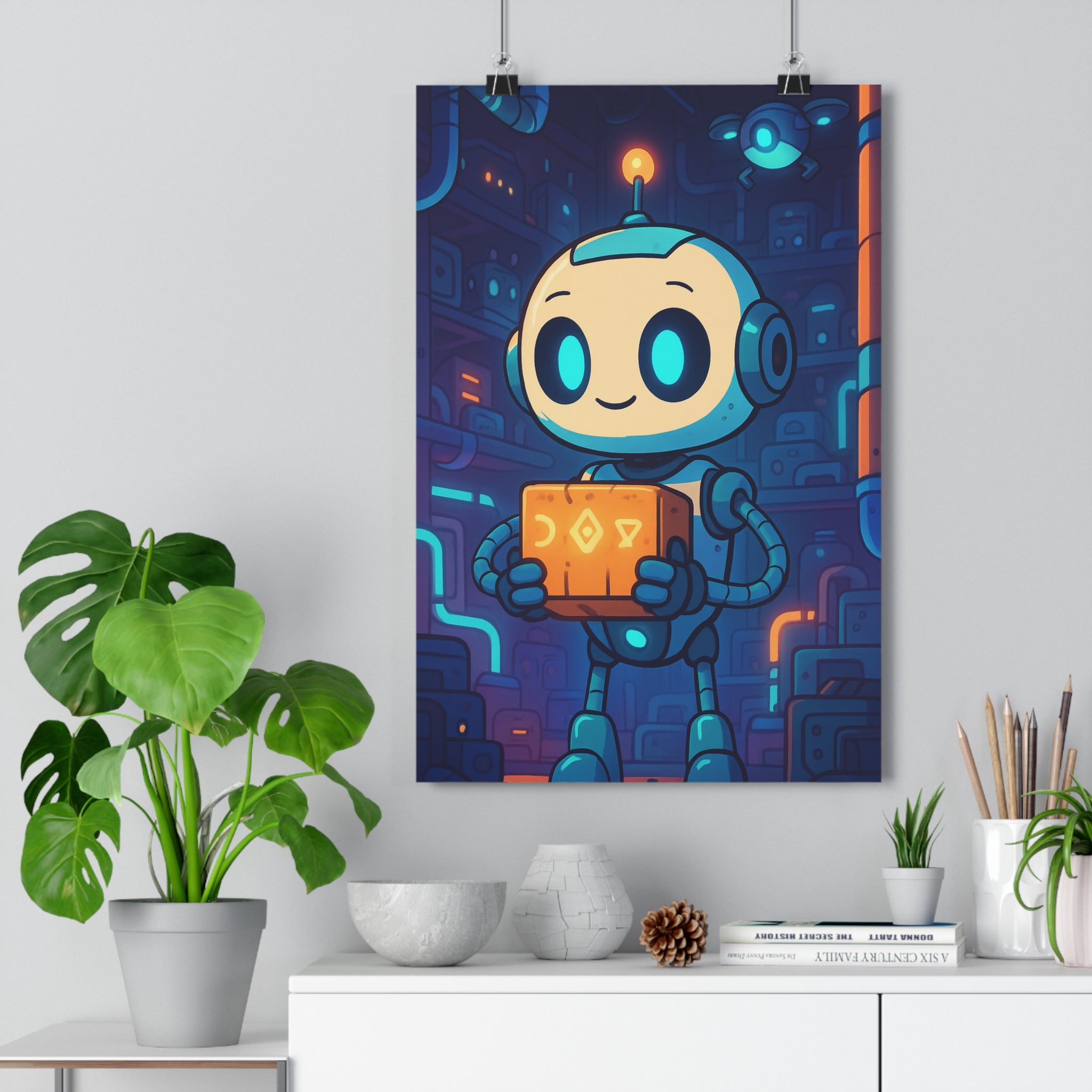 Poster décoratif cartoon robot bleu orange technologie enfant chambre bureau futuriste sourire style 30x46
