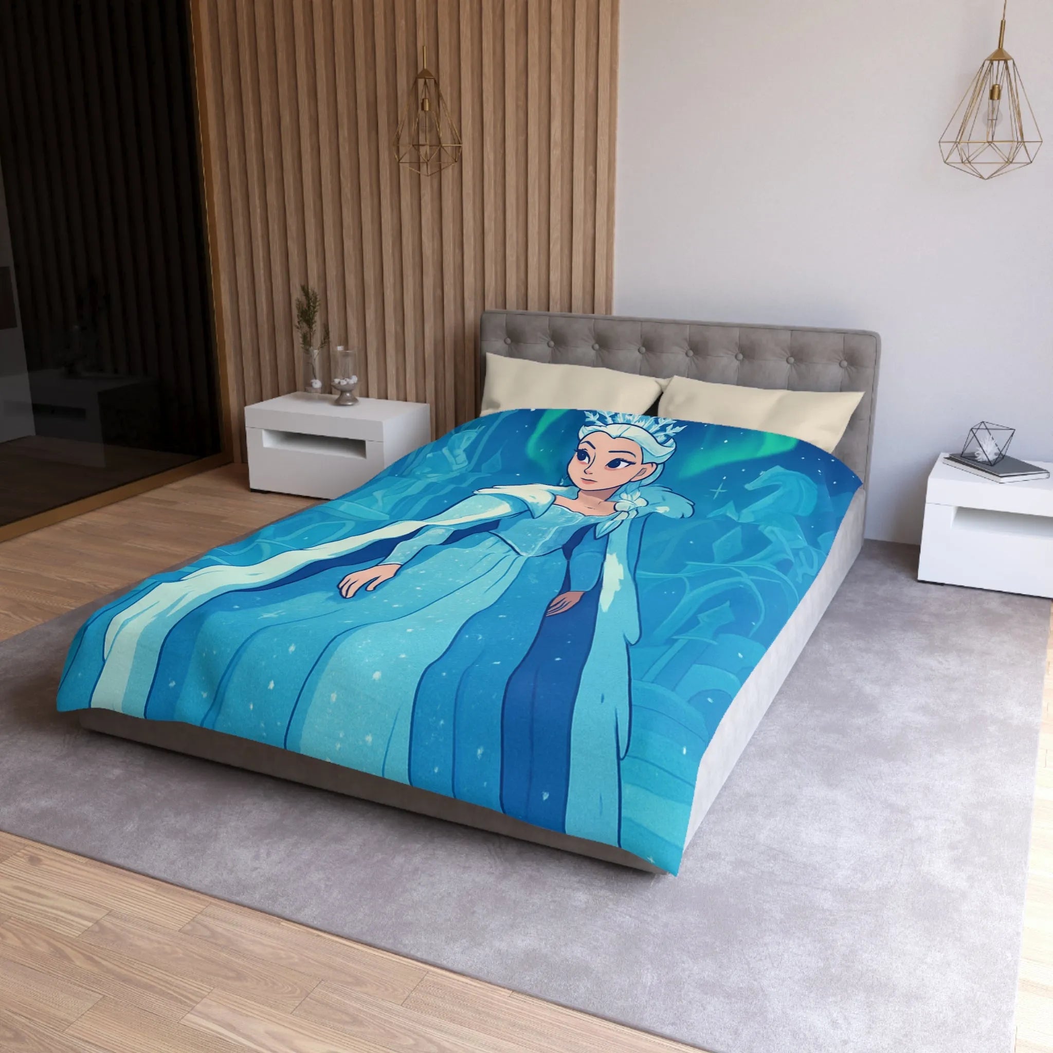 Éblouissante Housse de Couette Reine des Glaces Bleue avec Aurora Boréale et Château