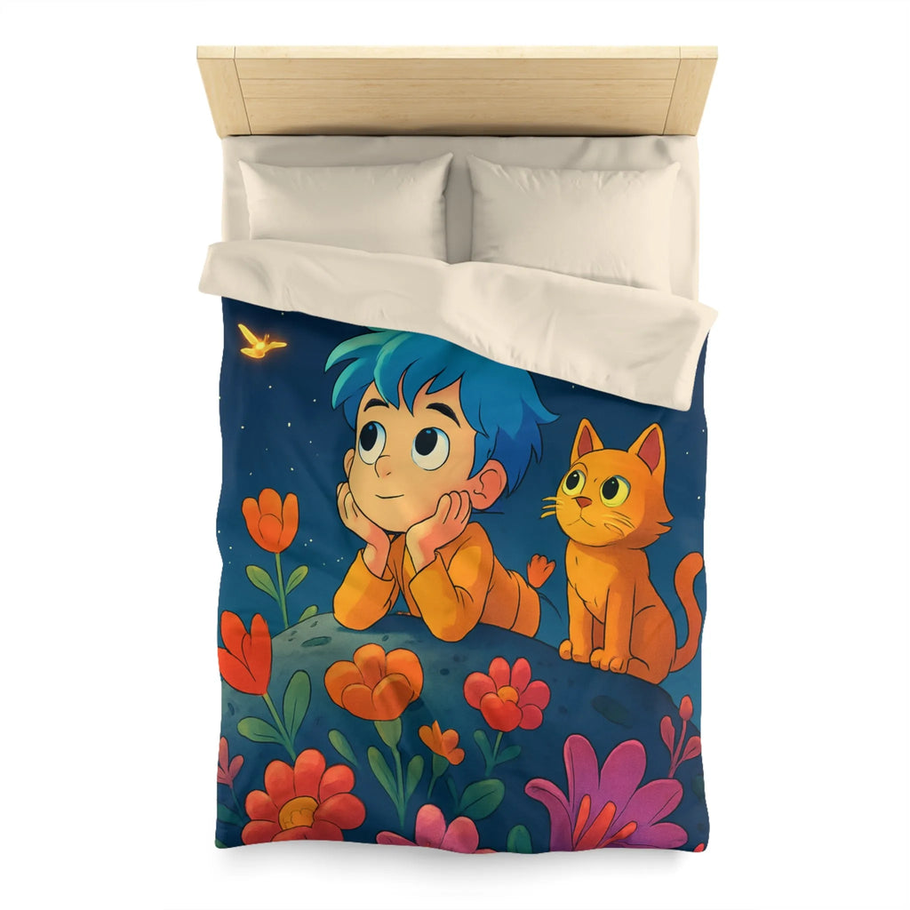 Housse de Couette Enfant Émerveillé Observant Papillons Lumineux sous Ciel Étoilé