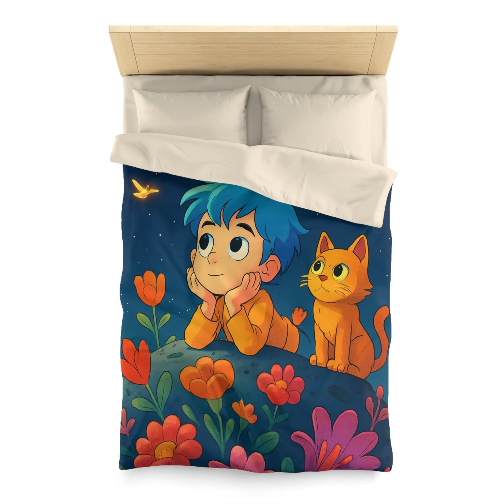 Housse de Couette Enfant Émerveillé Observant Papillons Lumineux sous Ciel Étoilé