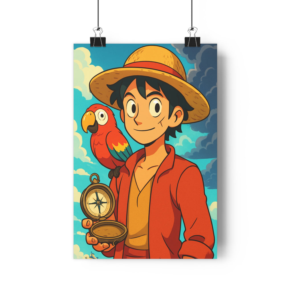 Poster décoratif cartoon aventure jeune homme sourire perroquet boussole chambre enfant vibrant coloré qualité