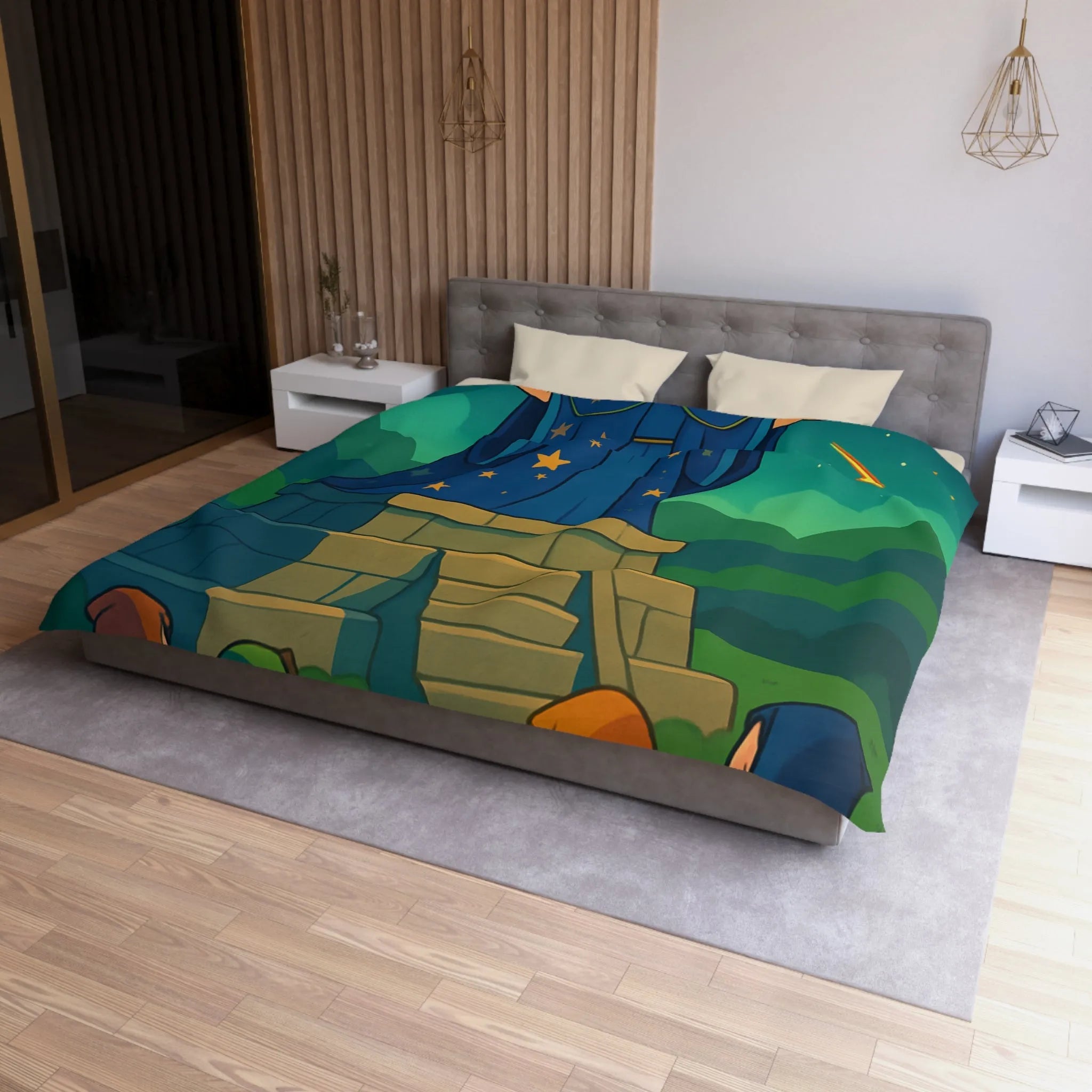 Housse de couette fantaisie avec sorcier et cristaux lumineux dans un paysage étoilé