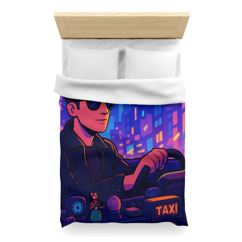 Housse de couette avec illustration rétro taxi urbain style néon pour chambre moderne