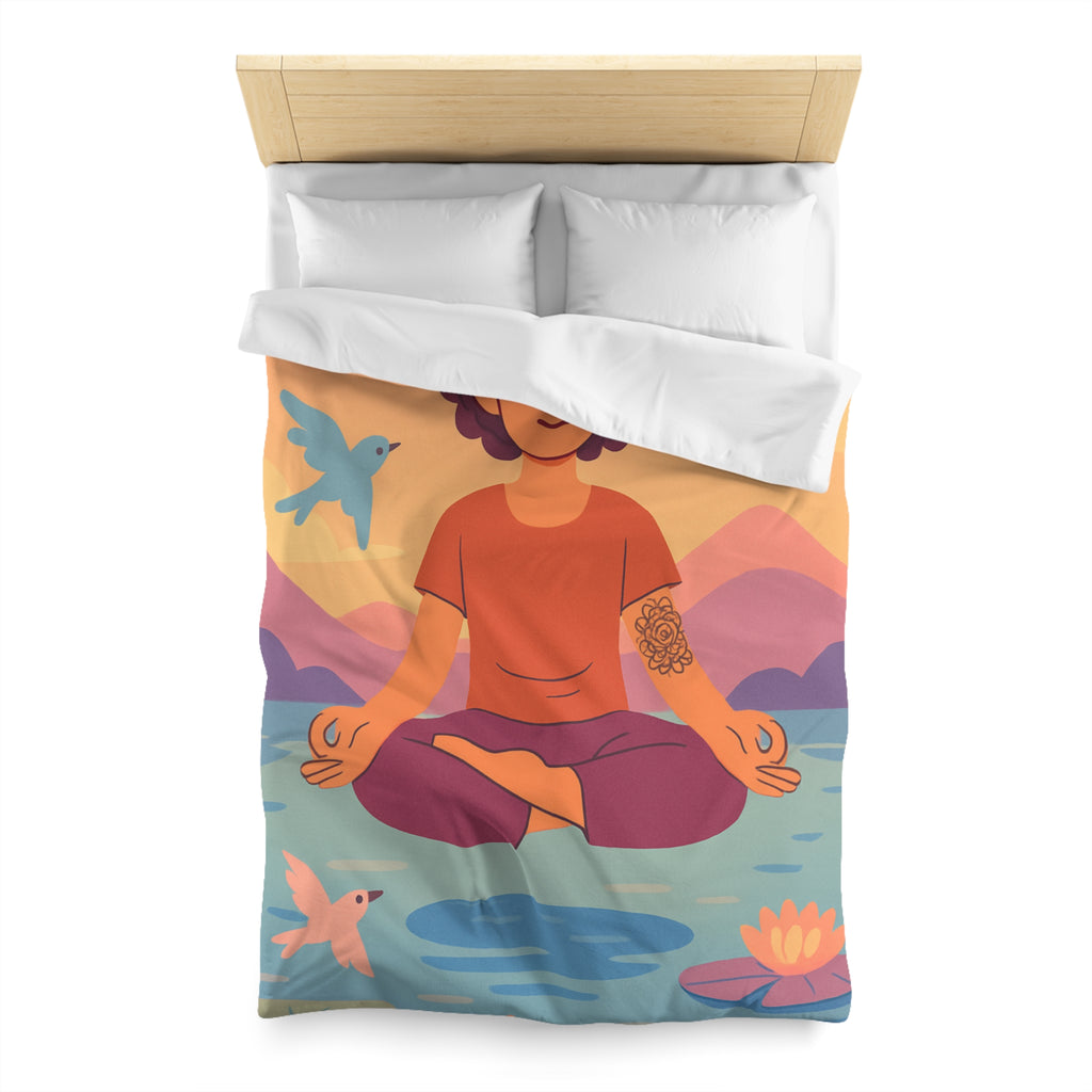Housse de Couette Zen avec Design Méditation, Lotus et Oiseaux Colorés - Sérénité Nature