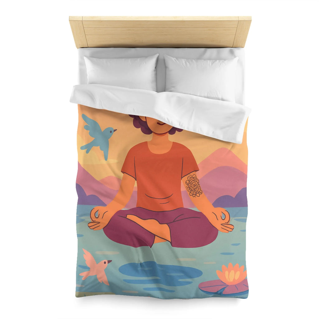 Housse de couette méditative avec motifs paisibles de nature et oiseaux colorés