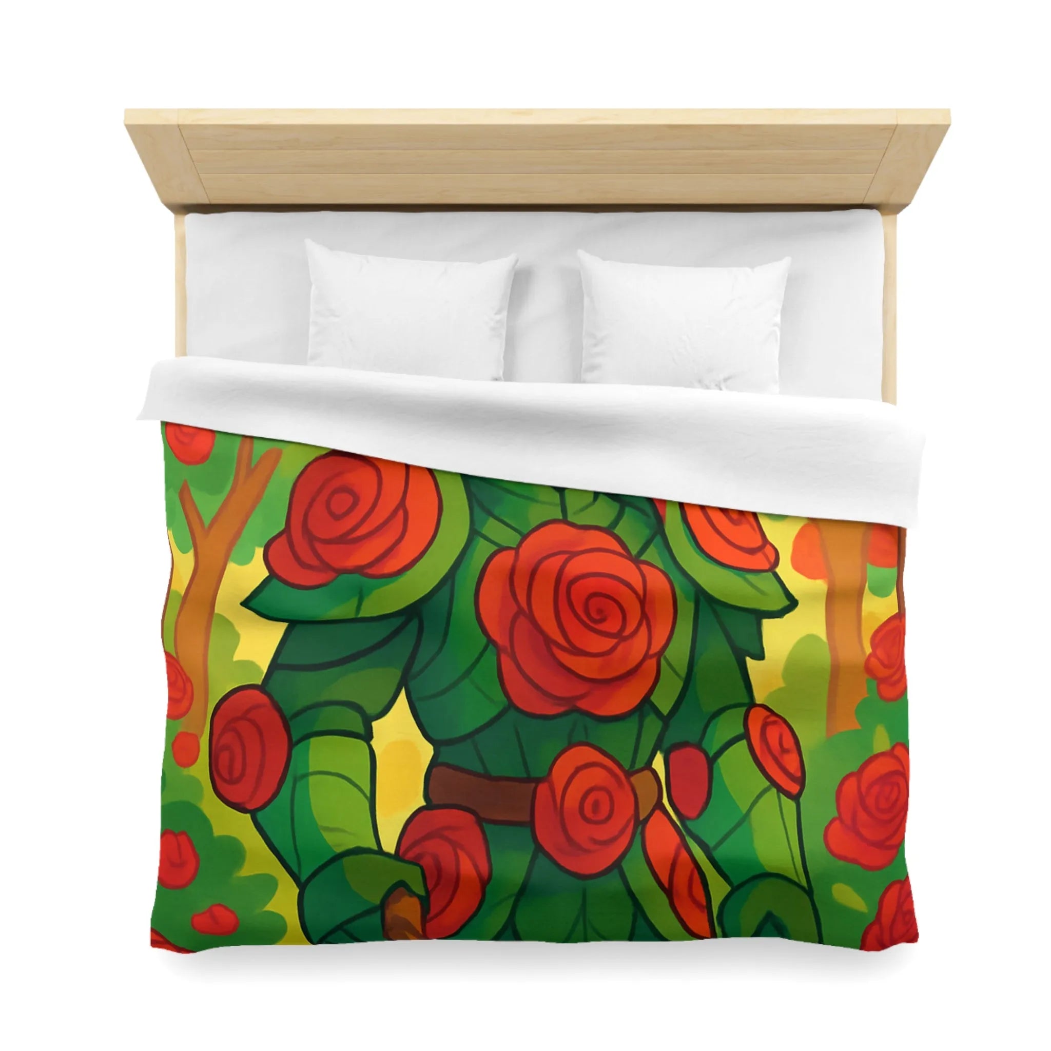 Housse de couette au design chevalier floral avec roses rouges et feuillage vert