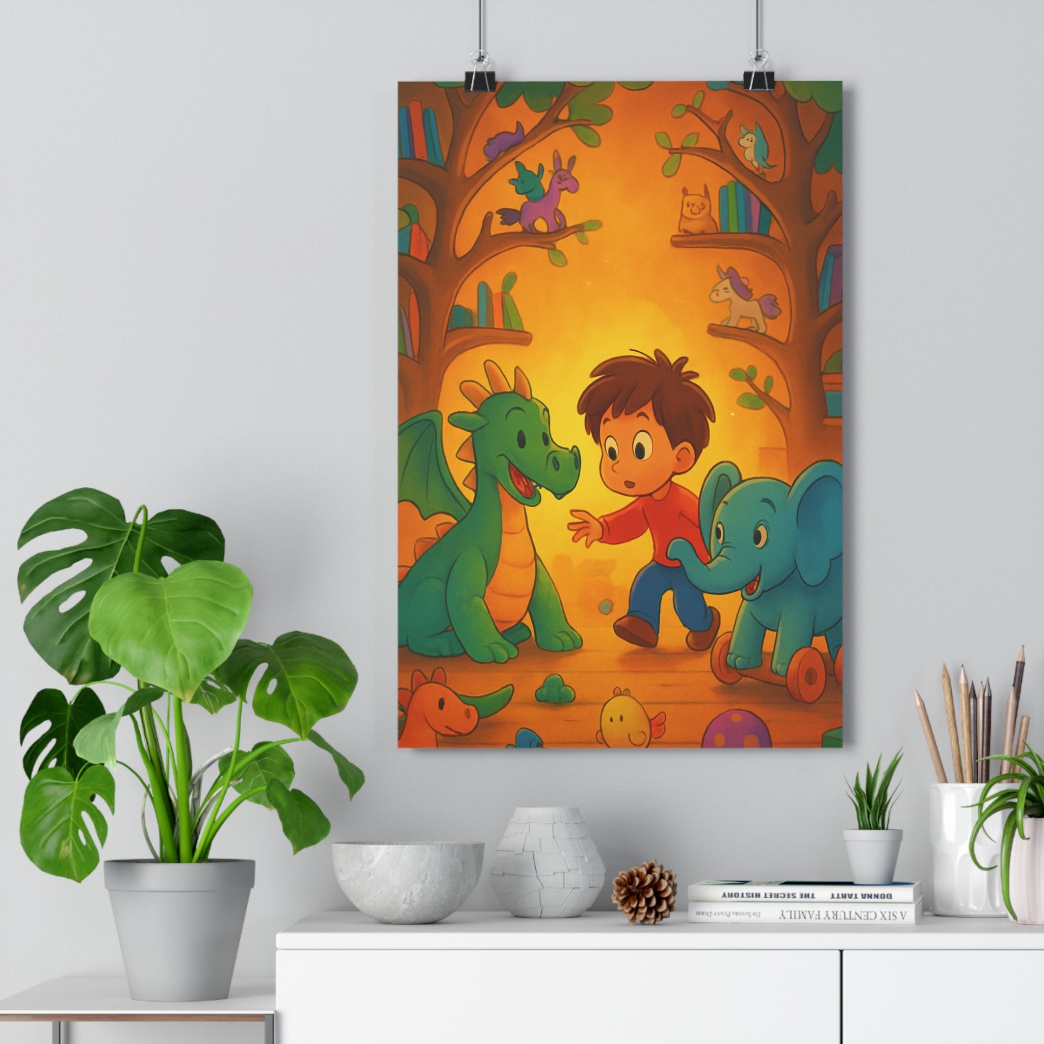 Poster décoratif coloré jungle enfants chambre joyeux ludique vert bleu orange créatures fantastiques qualité
