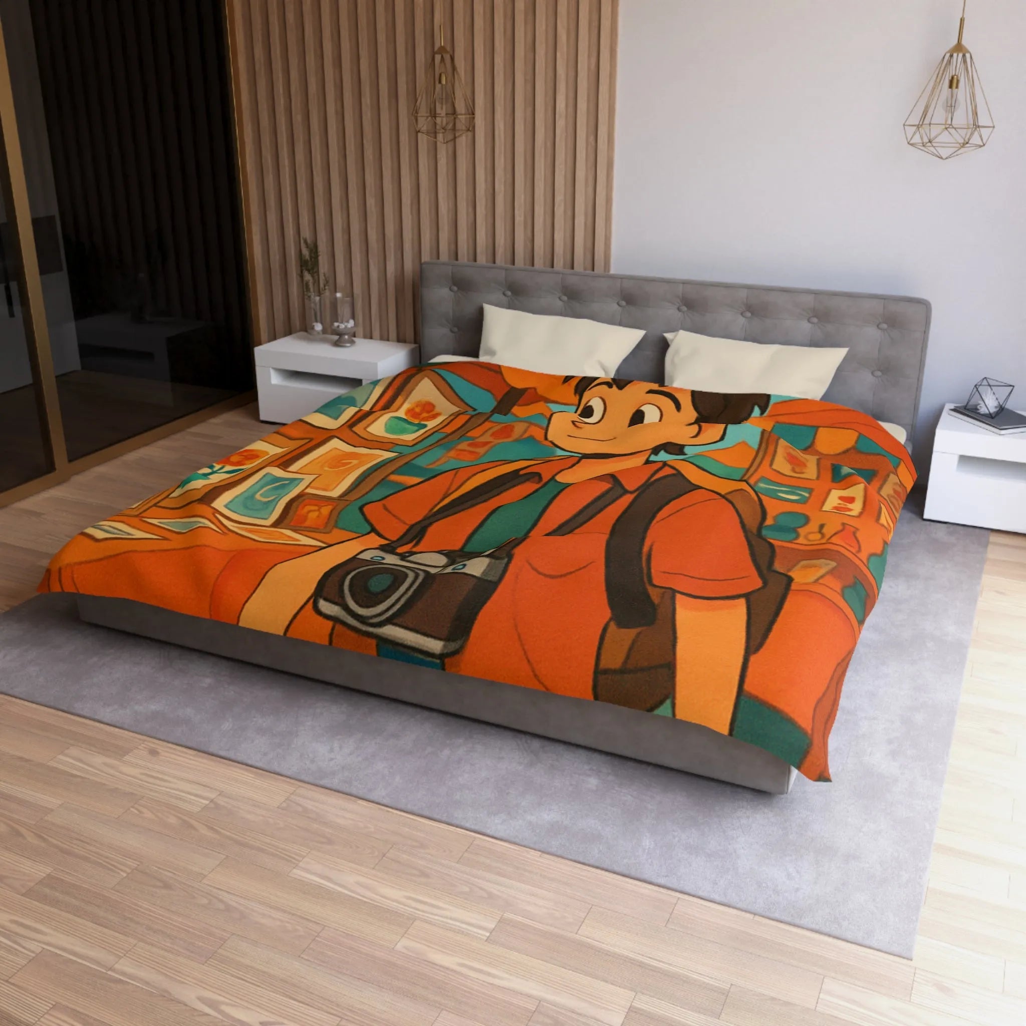 Housse de couette animée avec jeune explorateur et marché aux lanternes colorées