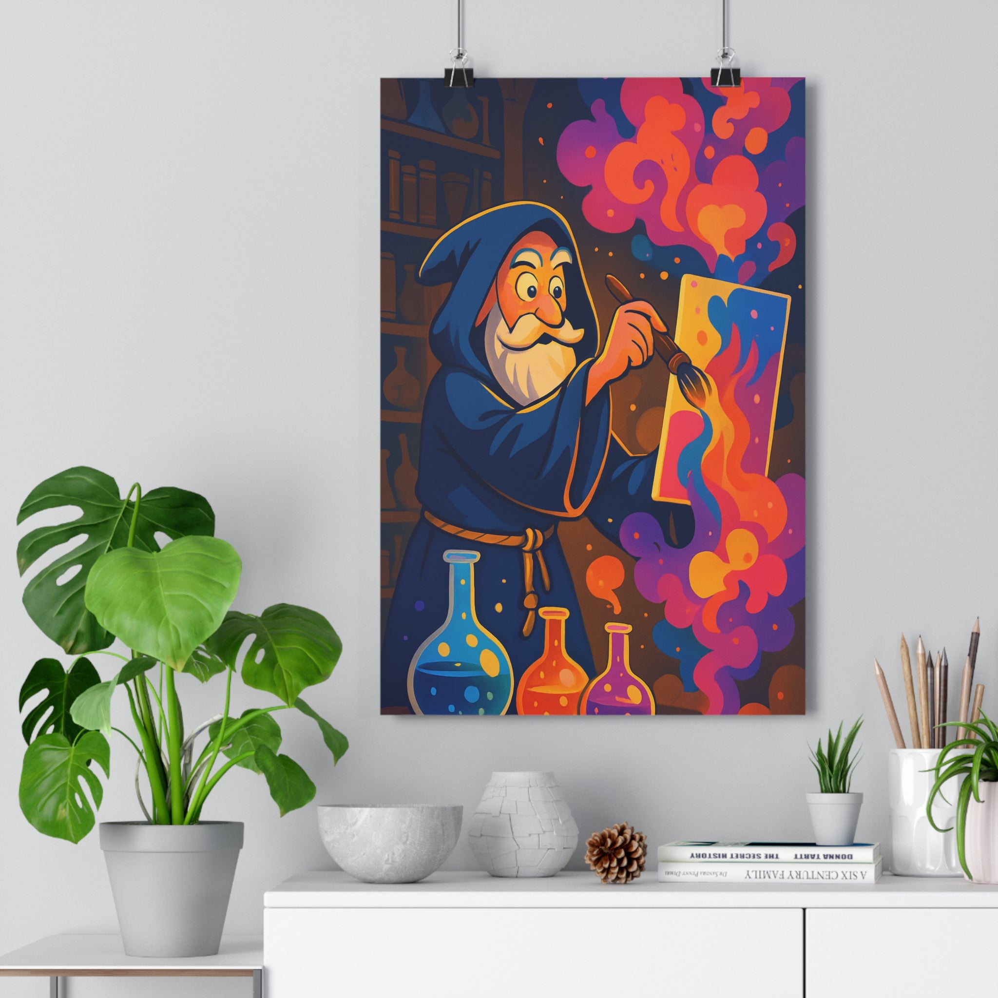 Poster décoratif mystique alchimiste barbu couleurs vives chambre créative fantastique 30x46 enchanteur magique artistique