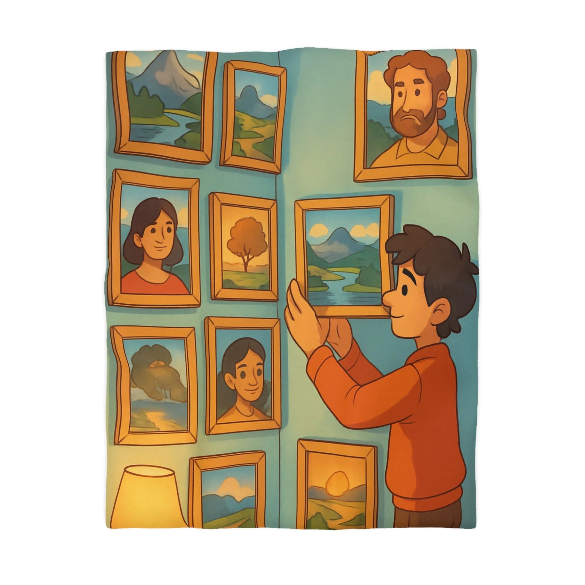 Housse de Couette Artistique avec Galerie Murale Vintage et Portraits Illustrés Colorés