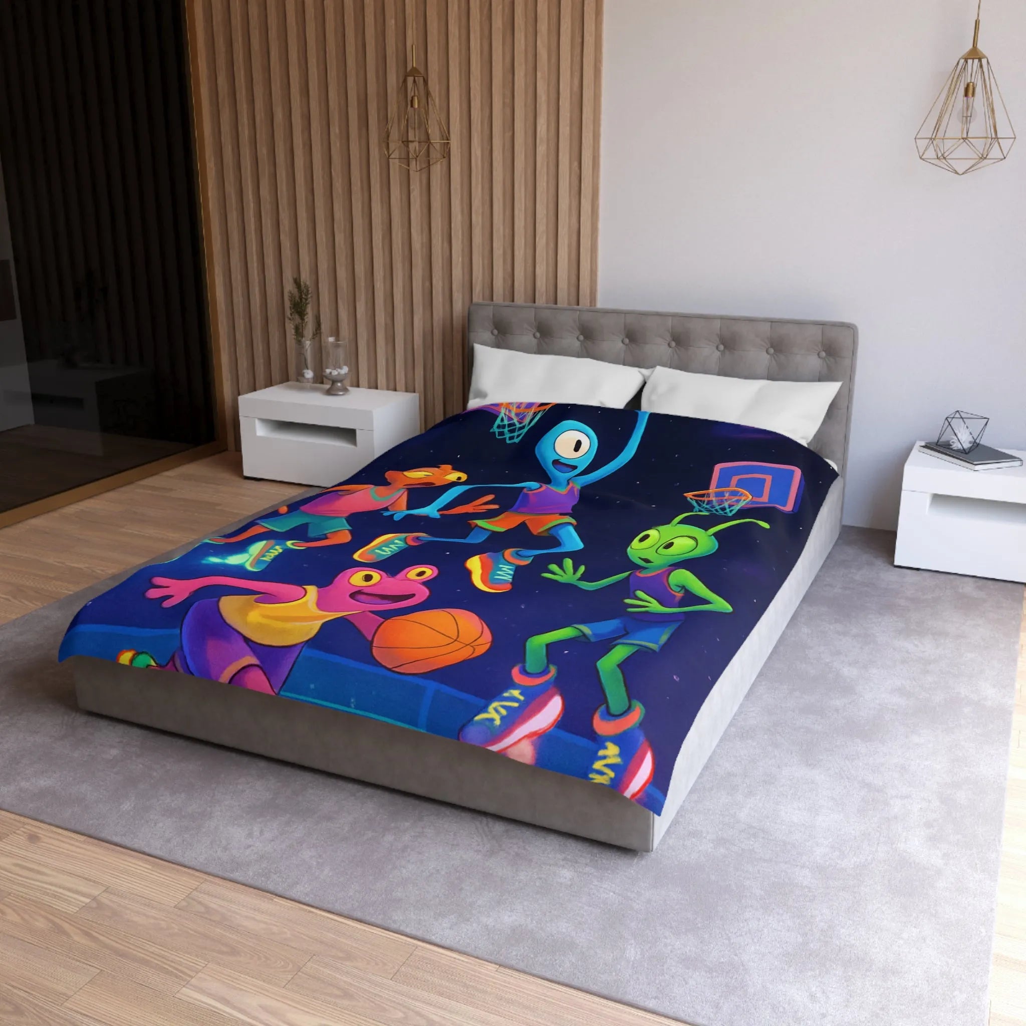 Housse de couette avec extraterrestres jouant au basket, ambiance lumineuse et amusante