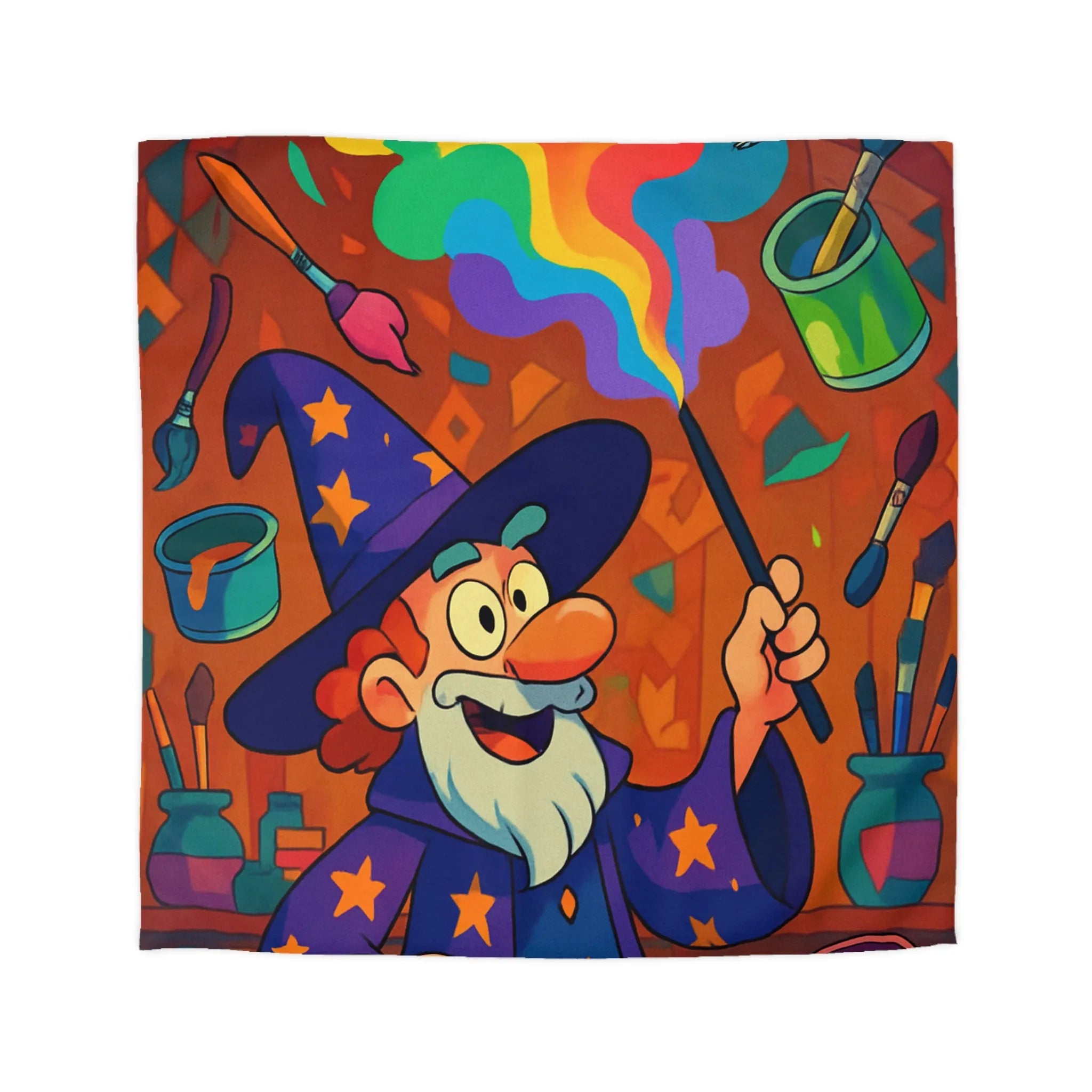 Housse de couette magique colorée avec sorcier et peinture arc-en-ciel vibrante